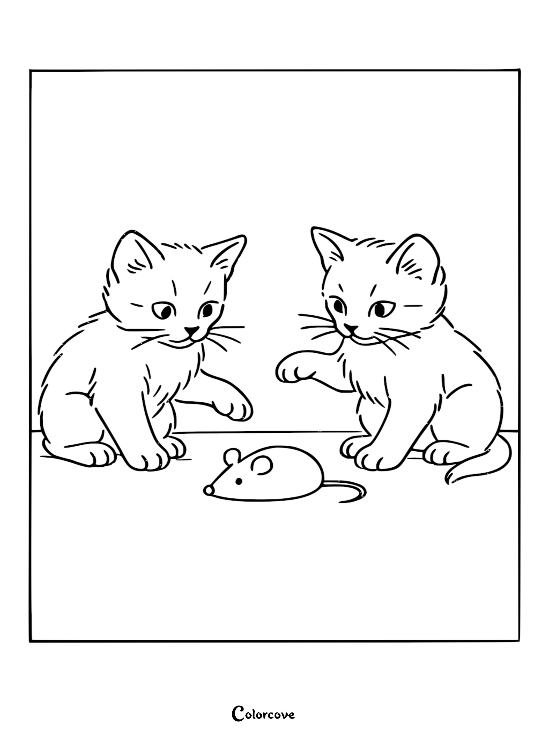 Bring these two curious kittens to life with your favorite colors as they play with their toy mouse. This free, printable kitten coloring page is a perfect creative activity for kids and cat lovers alike.