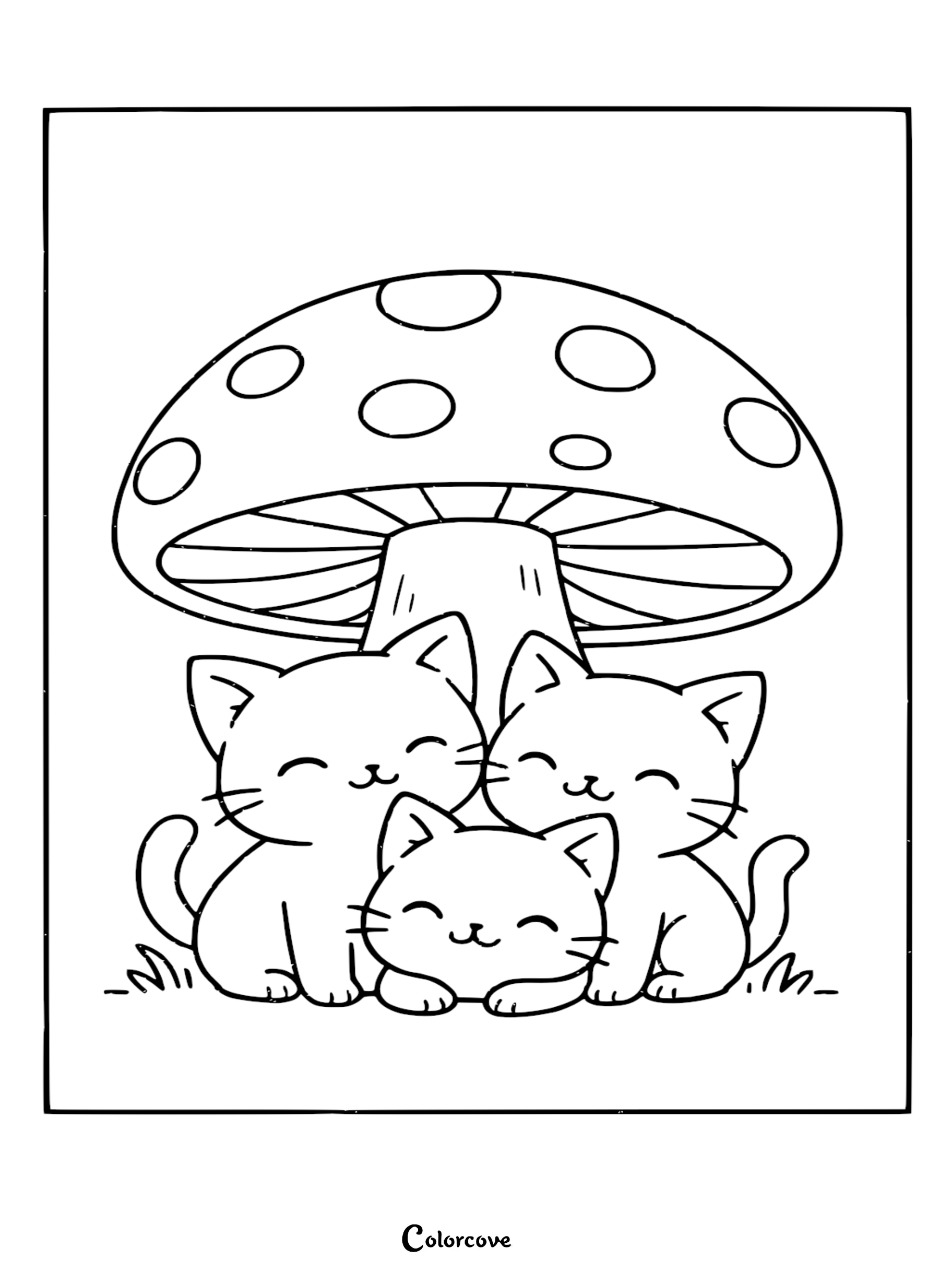 Bring this adorable scene to life with our free printable cute kittens and mushroom coloring page. This charming illustration of three kittens sheltering under a giant toadstool is a perfect activity for kids that can be printed in seconds.