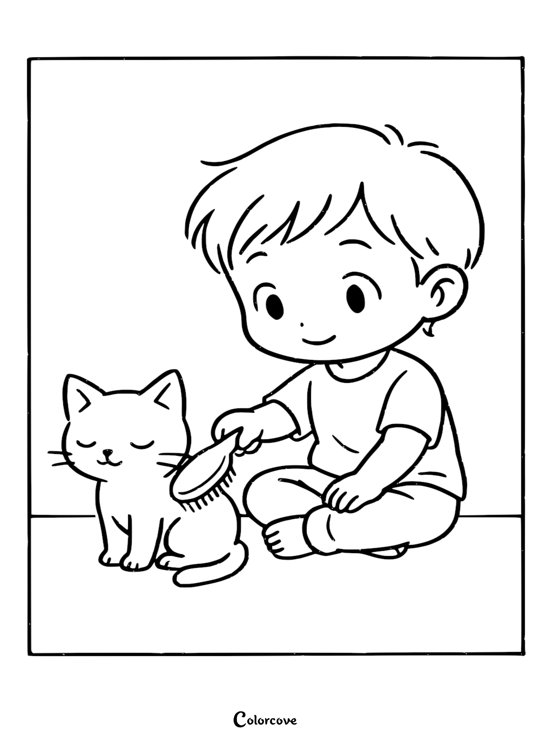 Download and print this adorable coloring page of a boy brushing his cute kitten to teach children about caring for pets. This free printable coloring sheet is perfect for animal lovers and can be ready in seconds.