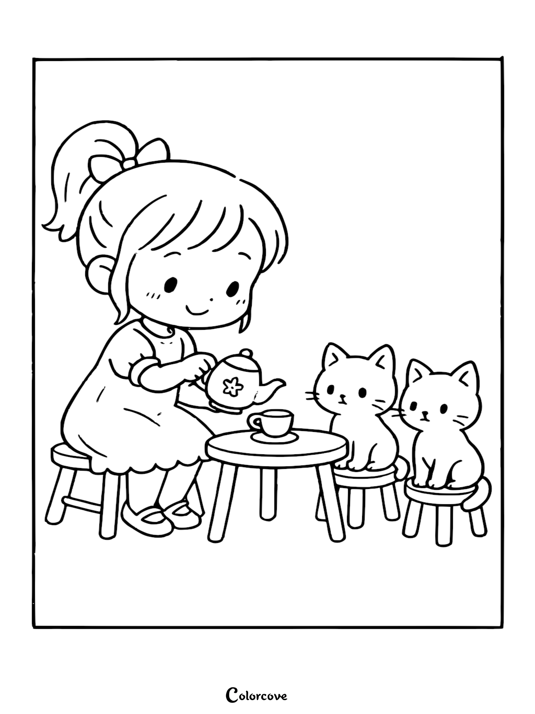 Bring this charming scene to life with our free cute kitten tea party coloring page, perfect for kids who love cats and imaginative play. Download and print this adorable activity in seconds for hours of creative fun!
