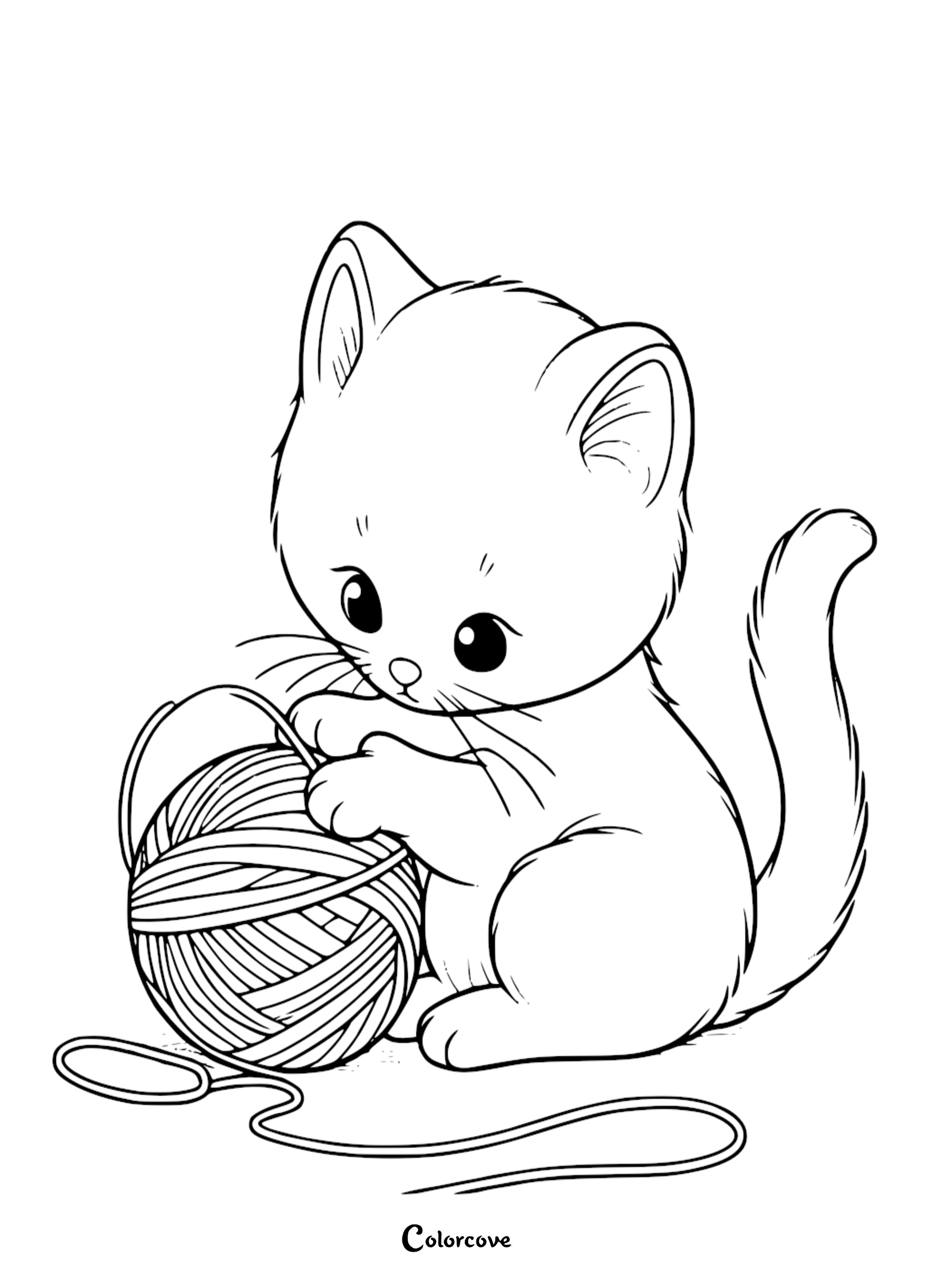 A cute kitten playing with a ball of yarn coloring page featuring a playful baby cat with big eyes for kids to color.