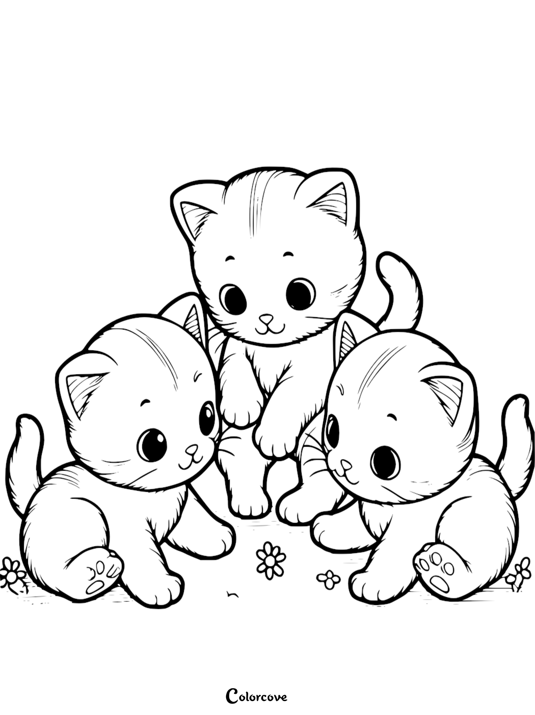 A free printable coloring page of three cute baby kittens sitting together with tiny flowers, perfect for kids and cat lovers.