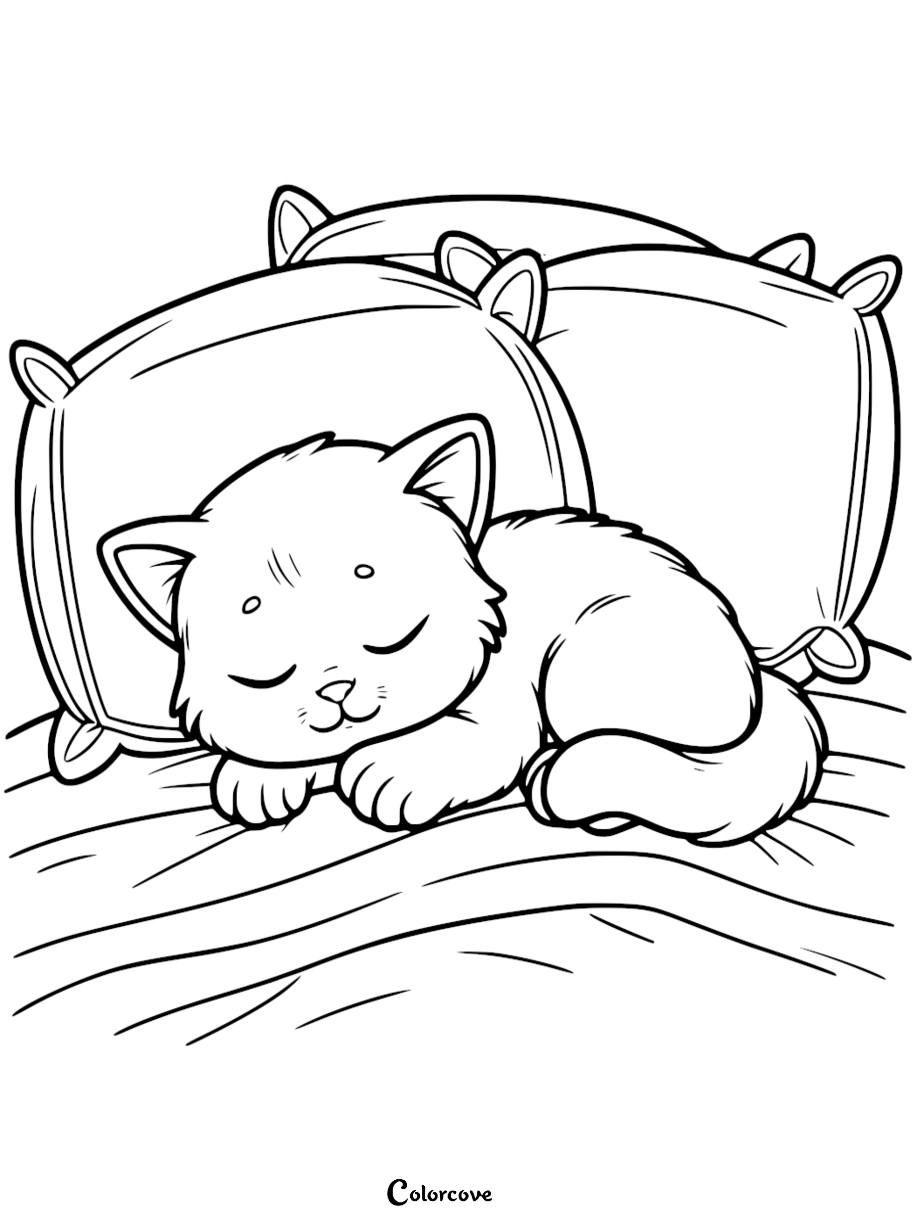 A cute fluffy kitten sleeping soundly on pillows and a bed coloring page for kids