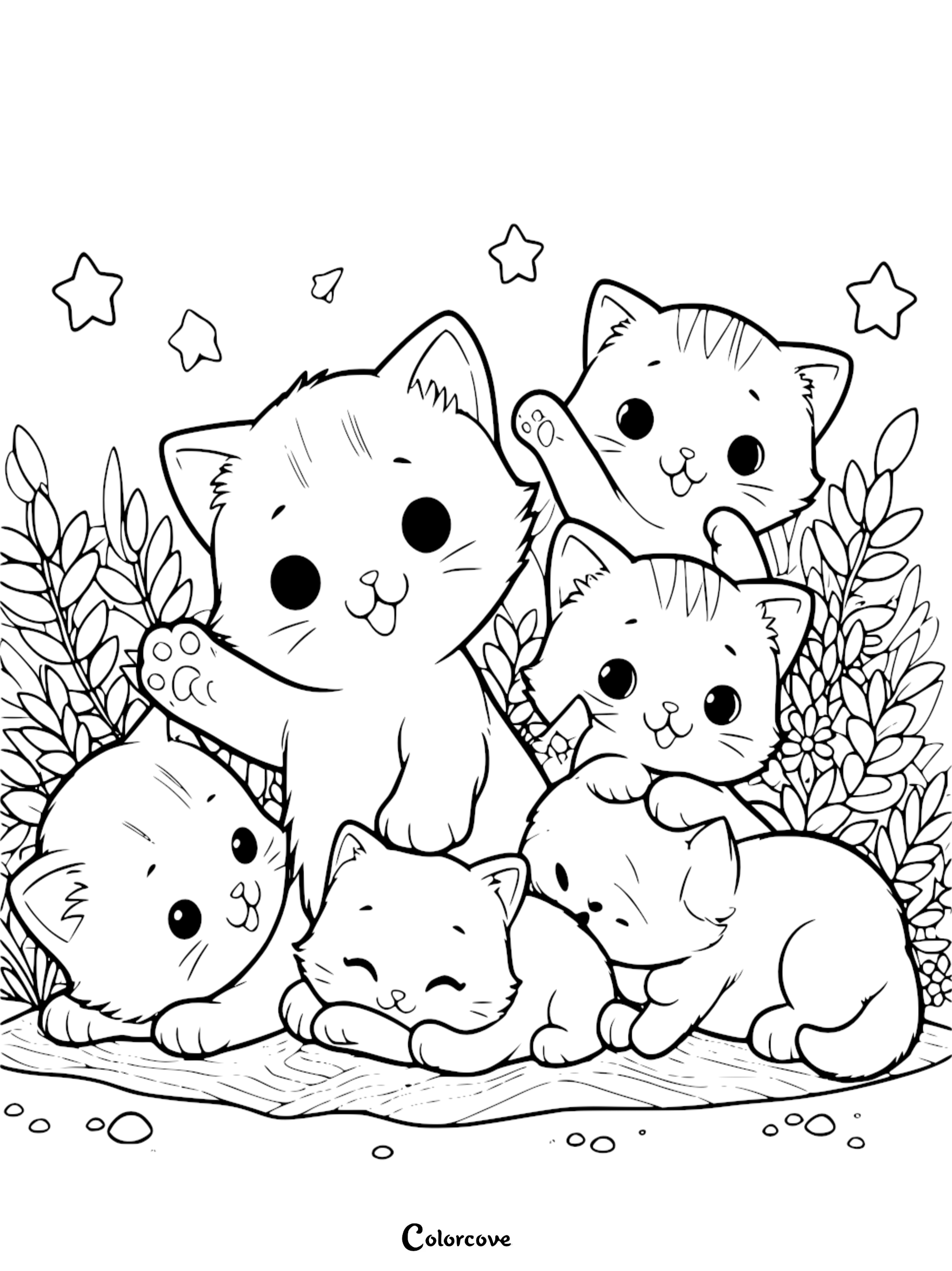 A sweet group of six adorable kittens playing together in a garden under stars coloring page for kids