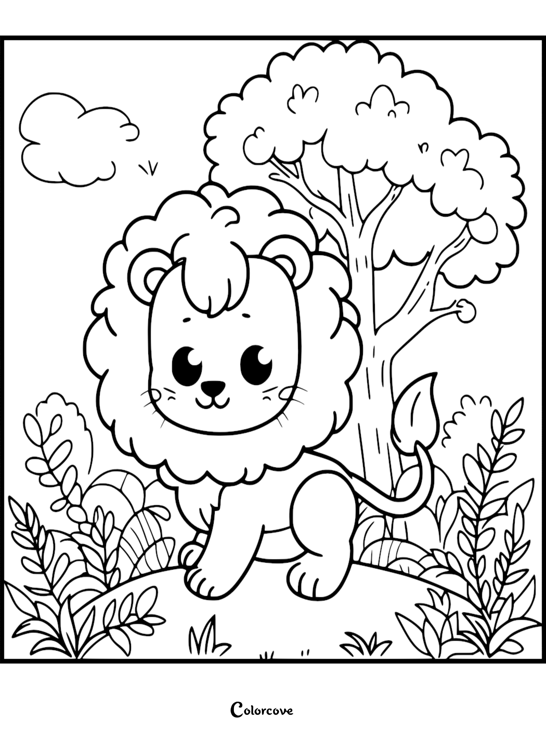 A cute lion standing in a forest clearing, featuring a large fluffy mane and big eyes, presented as a printable coloring page.