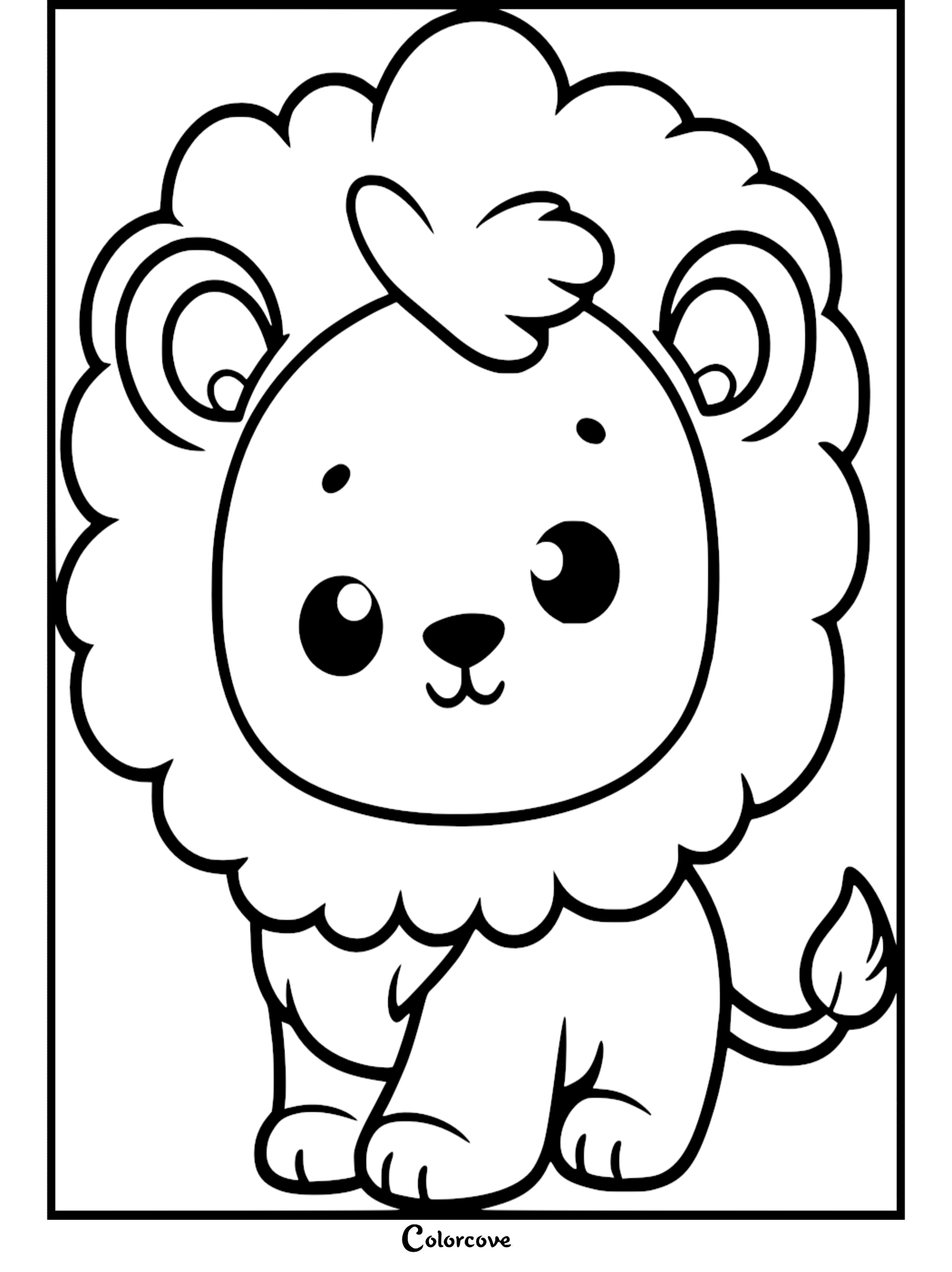 A simple line art coloring page of a cute baby lion with a fluffy mane and large expressive eyes sitting down.