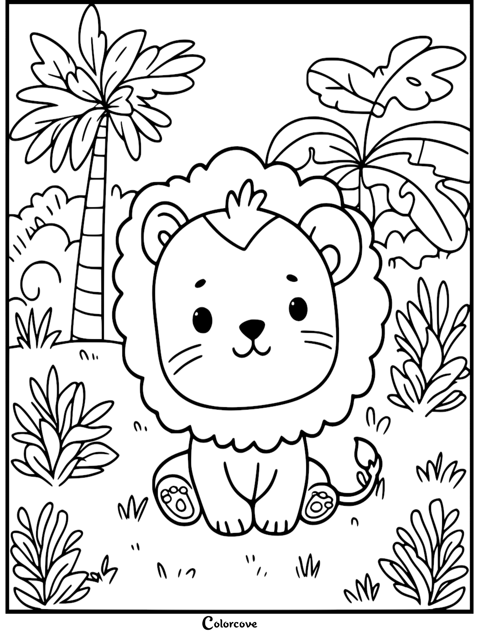 A cute lion sitting in a tropical jungle setting with palm trees and bushes, black and white line art coloring page.