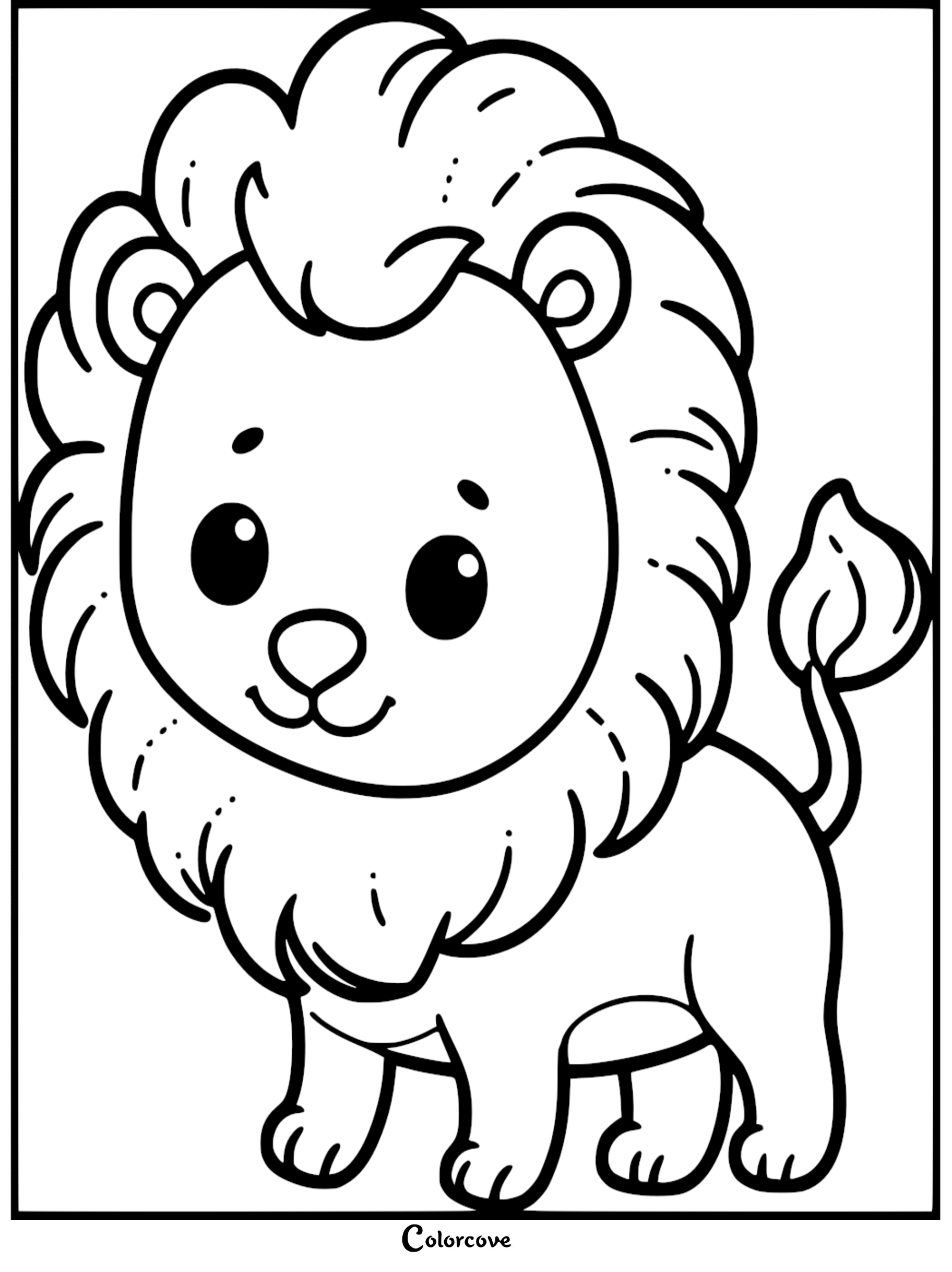 A friendly cartoon lion with a fluffy mane and large eyes in a simple coloring page style.