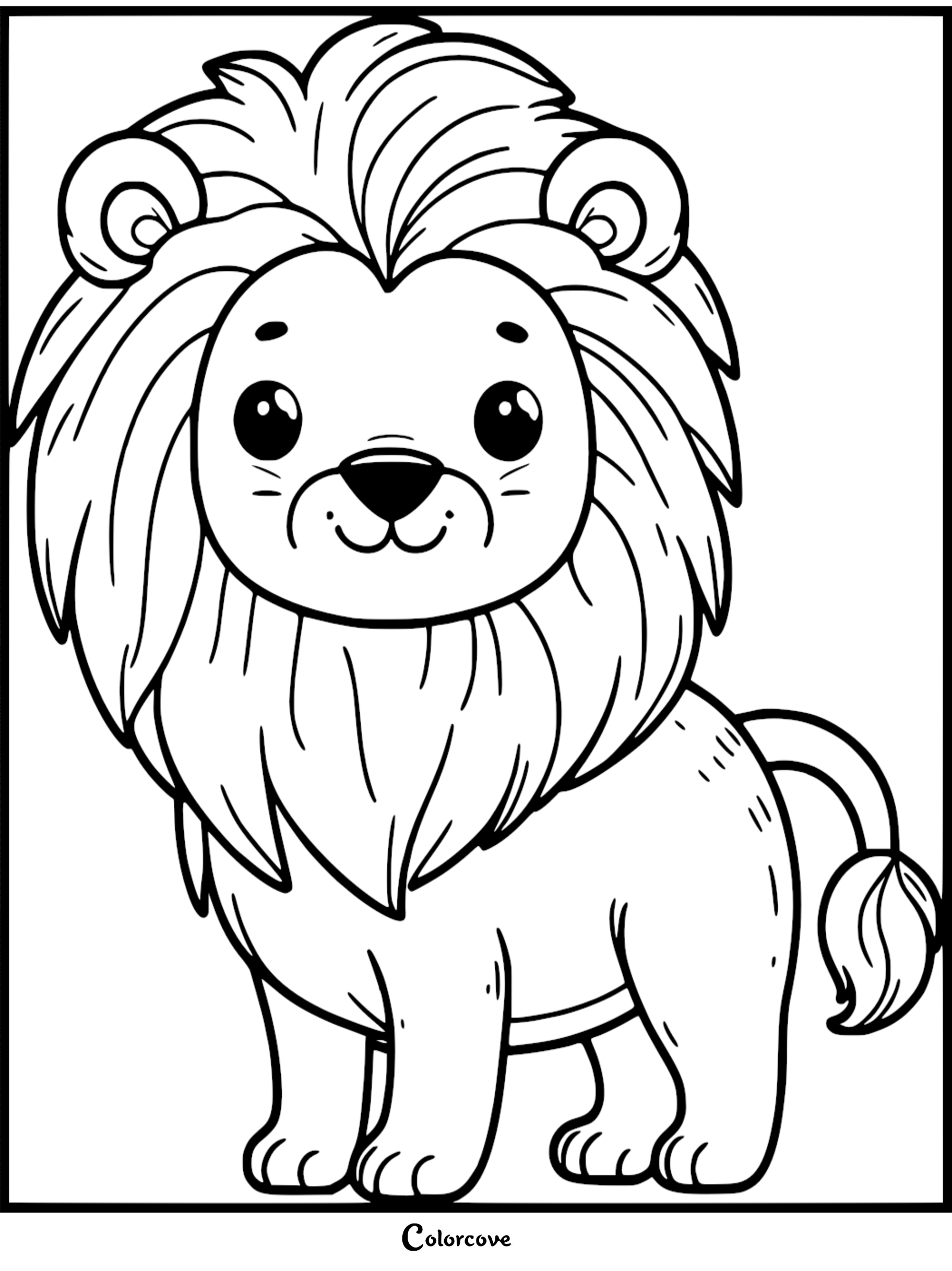 A friendly cartoon lion with a large fluffy mane and big eyes in a simple black and white coloring page.