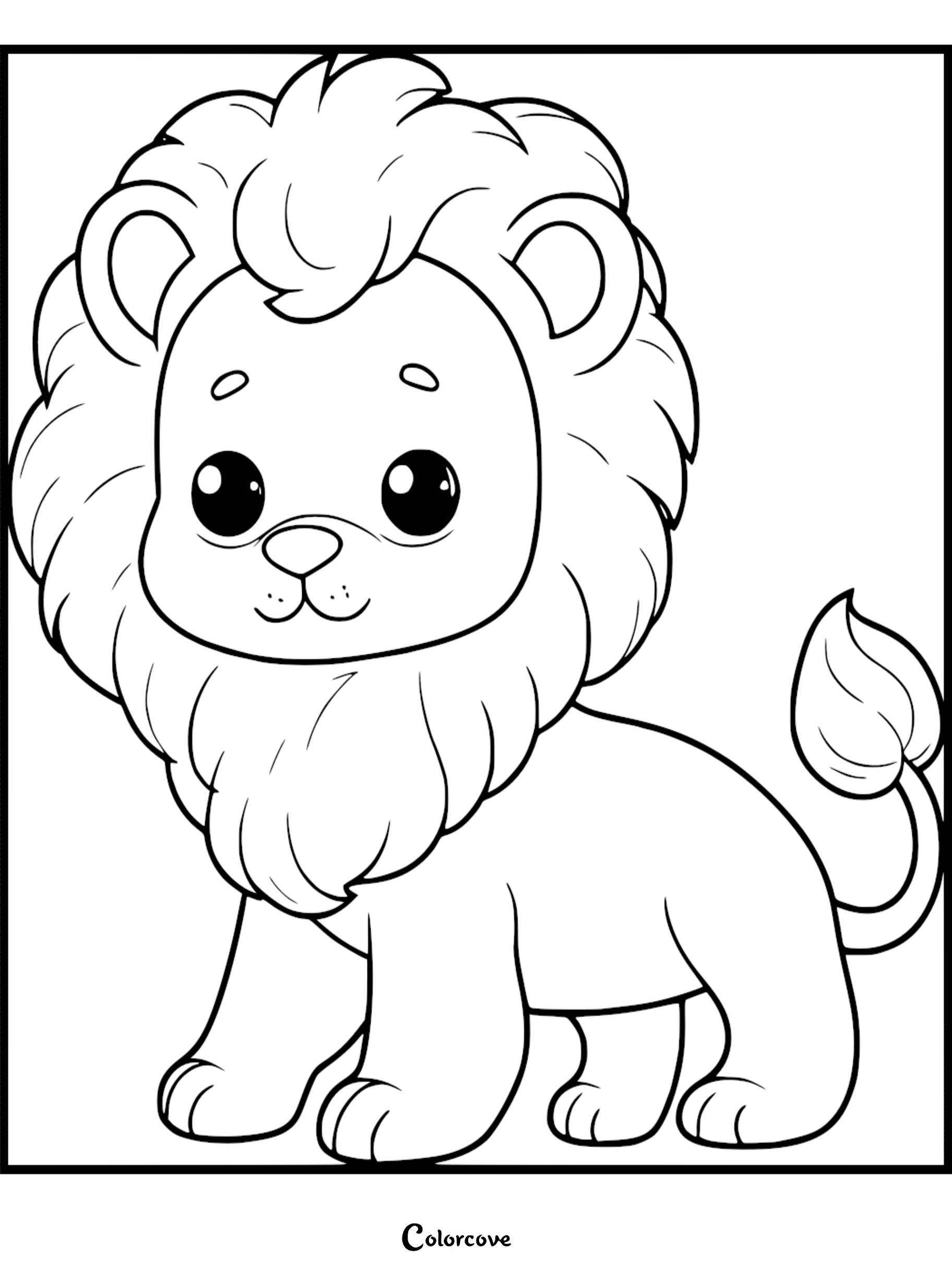 A cute lion with a fluffy mane and large expressive eyes on a printable coloring page.