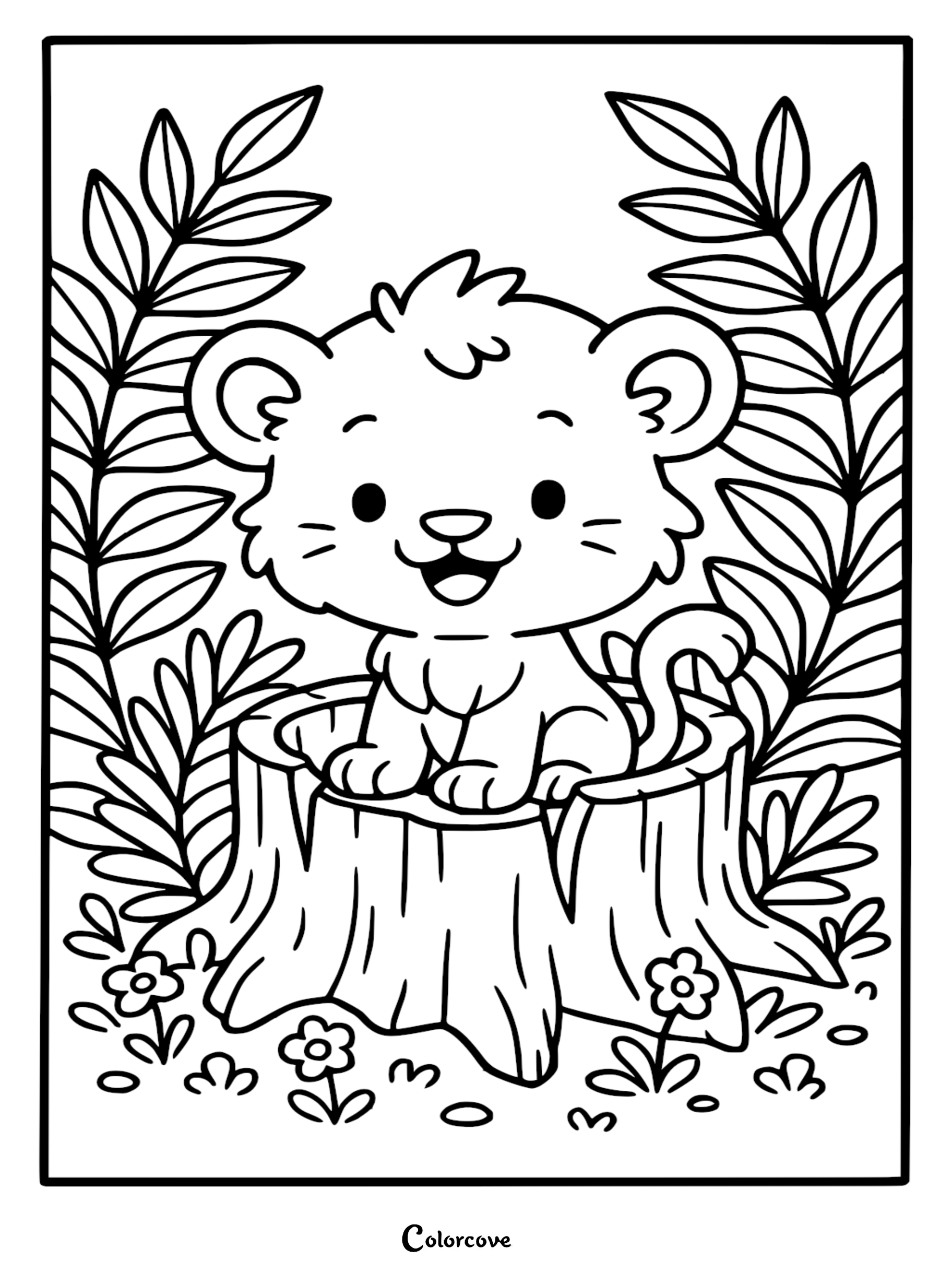 A cute lion cub sitting on a tree stump surrounded by tropical leaves and flowers in this printable coloring page.