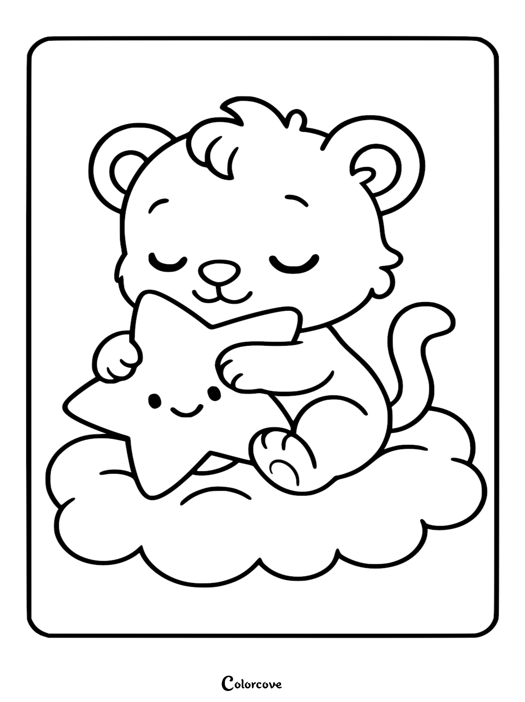 A cute lion cub with closed eyes hugging a smiling star while sitting on a fluffy cloud in this printable coloring page.