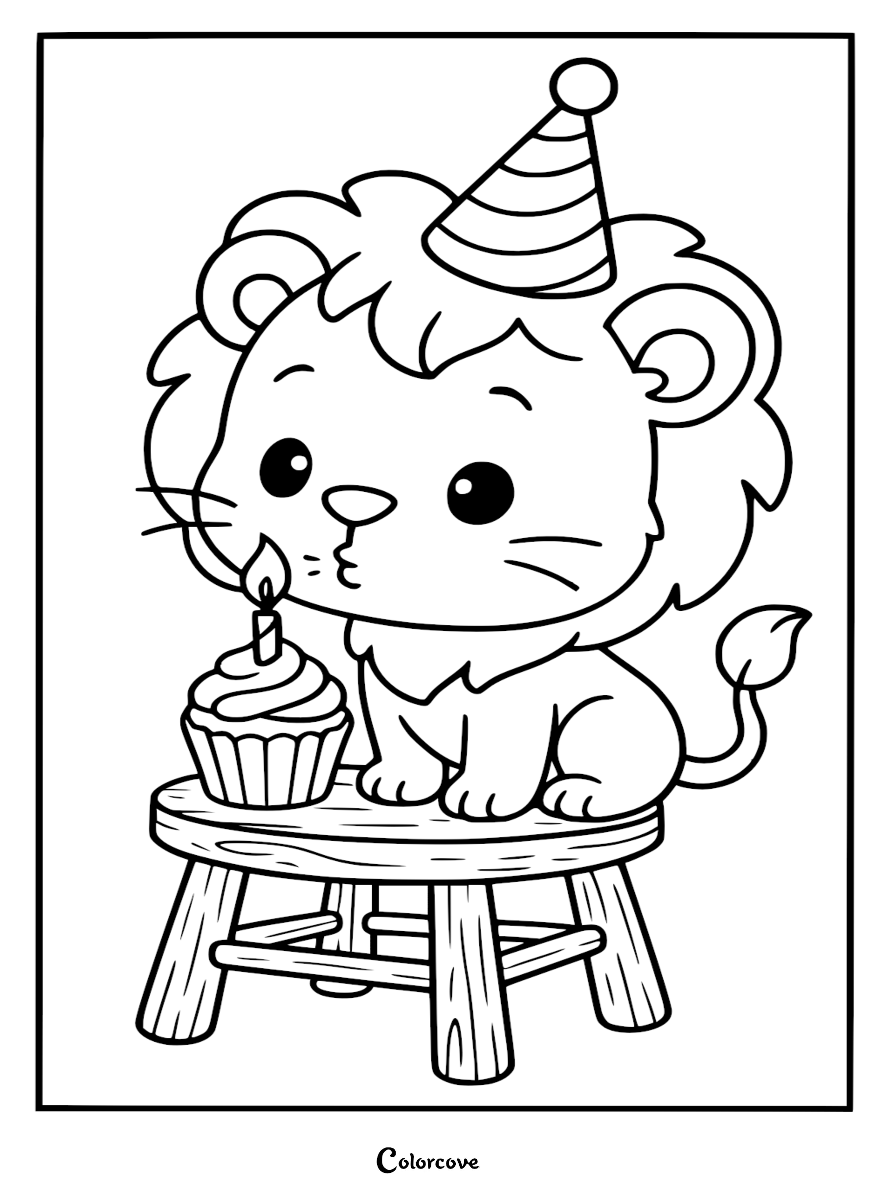 A cute lion wearing a party hat sitting on a wooden stool blowing out a candle on a cupcake in this printable coloring page.