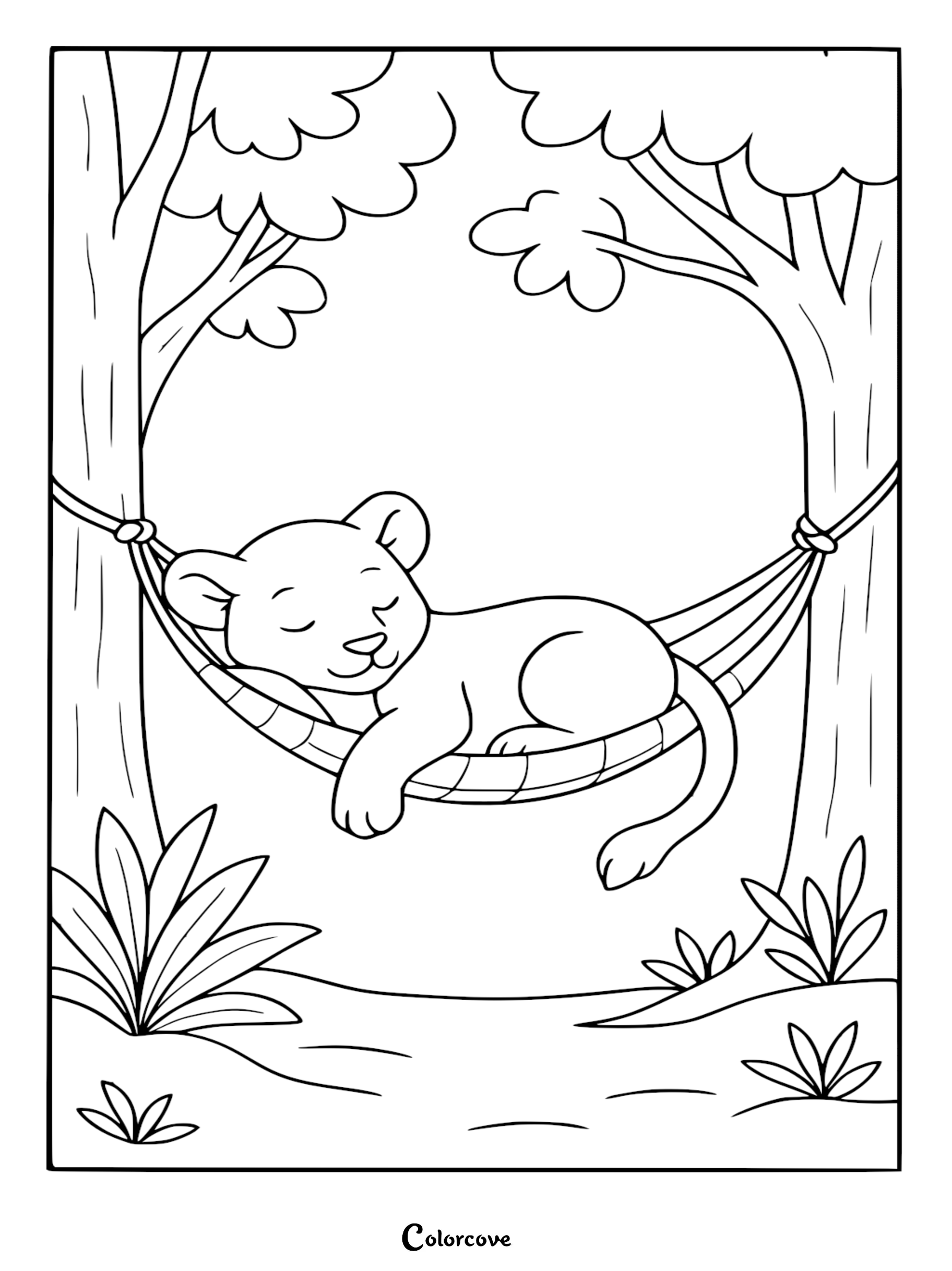 A cute lion cub sleeping peacefully in a hammock strung between two trees, printable coloring page.