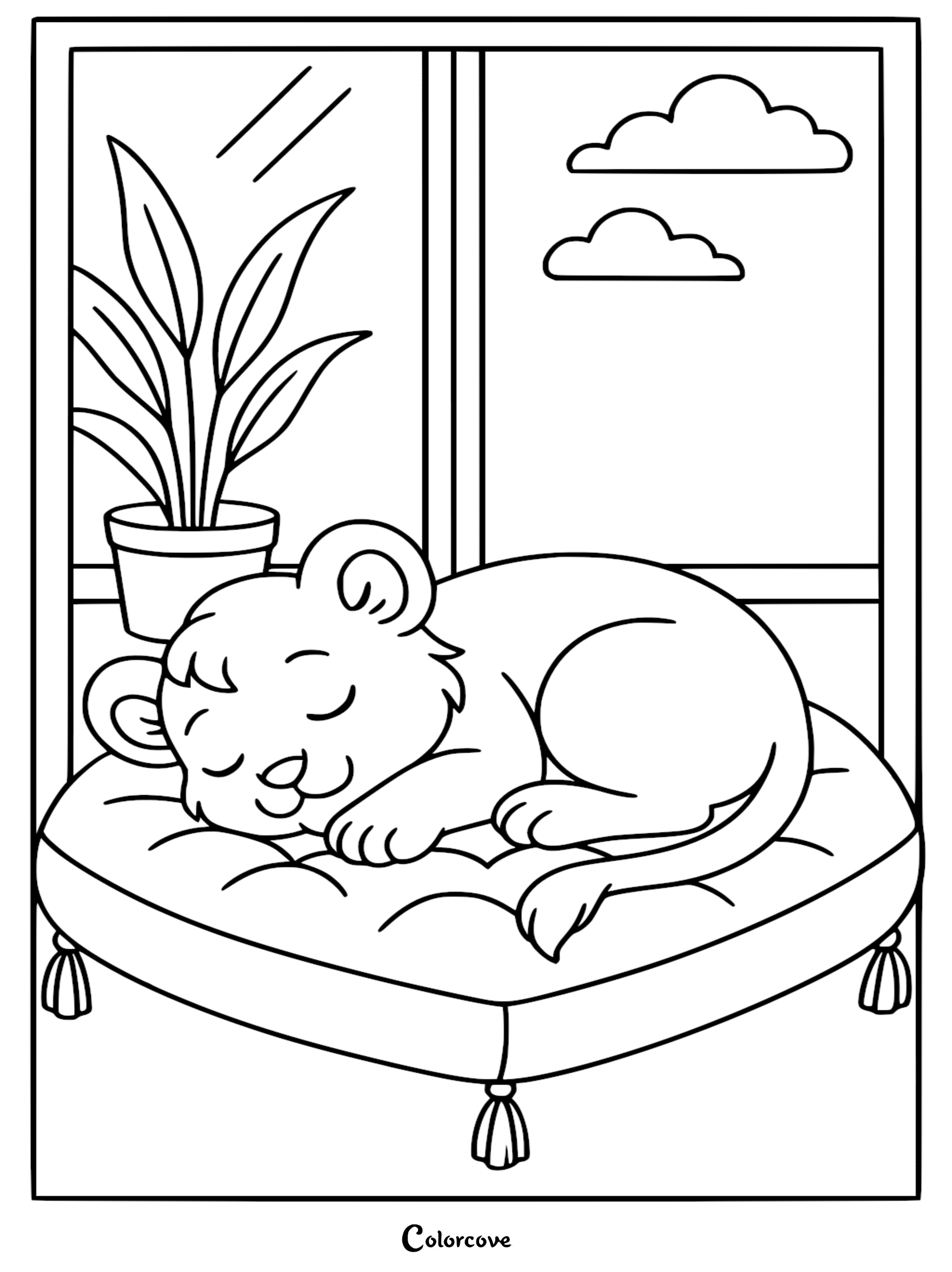 A cute lion cub sleeping peacefully on a tufted round pillow with tassels, next to a potted plant by a window, printable coloring page.