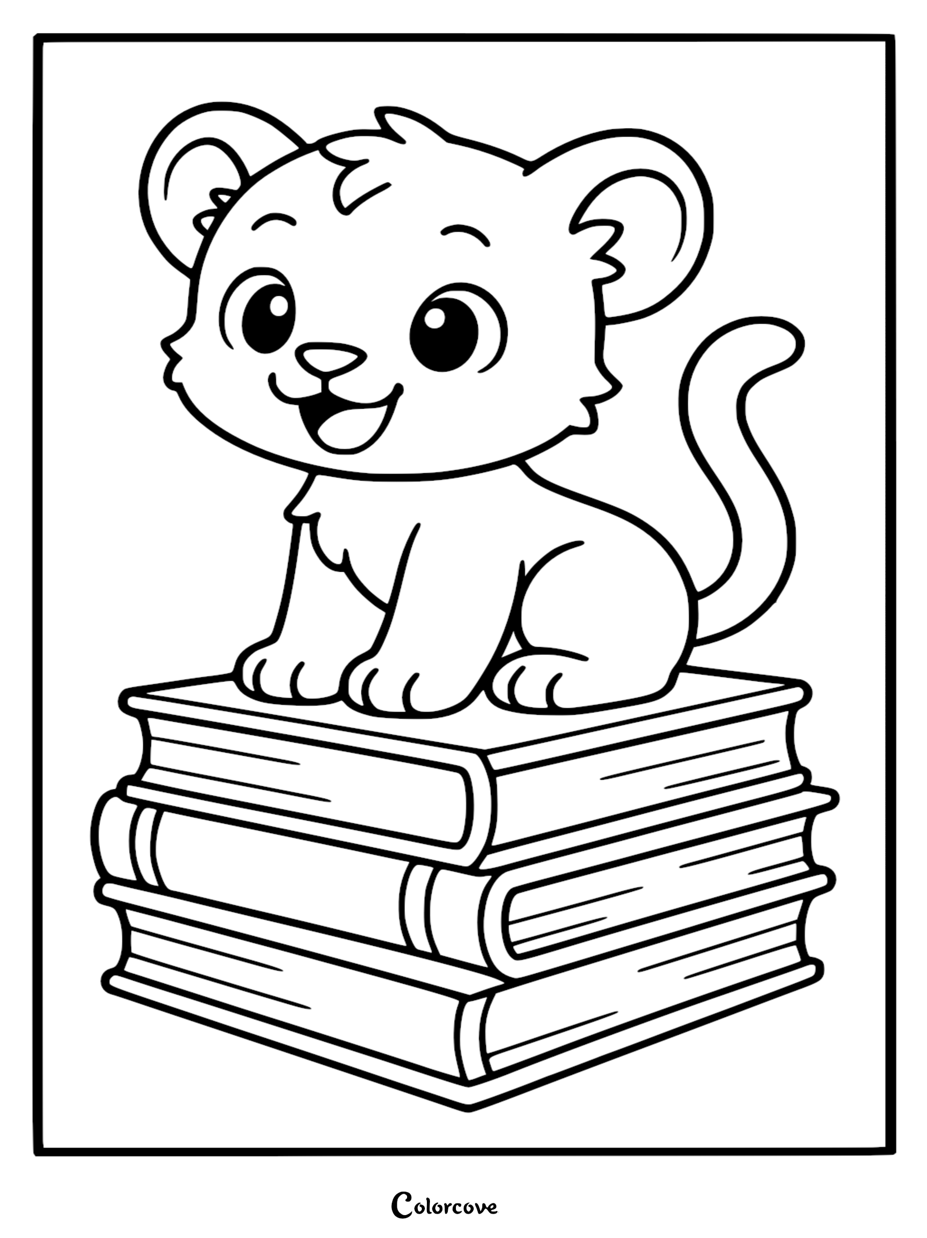 A cute lion cub sitting on a stack of three books in this printable coloring page.