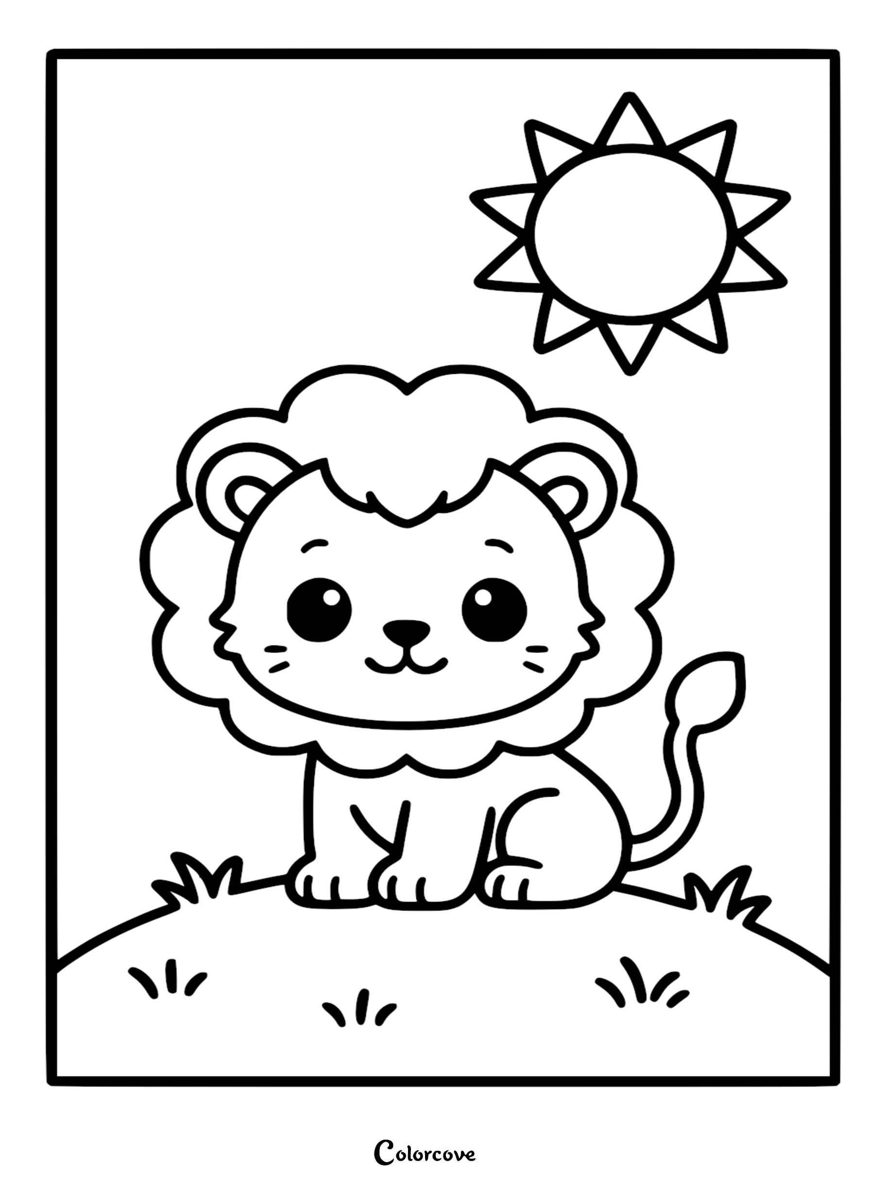 A cute lion with a fluffy mane sitting on a grassy hill under a bright sun, simple line art coloring page.