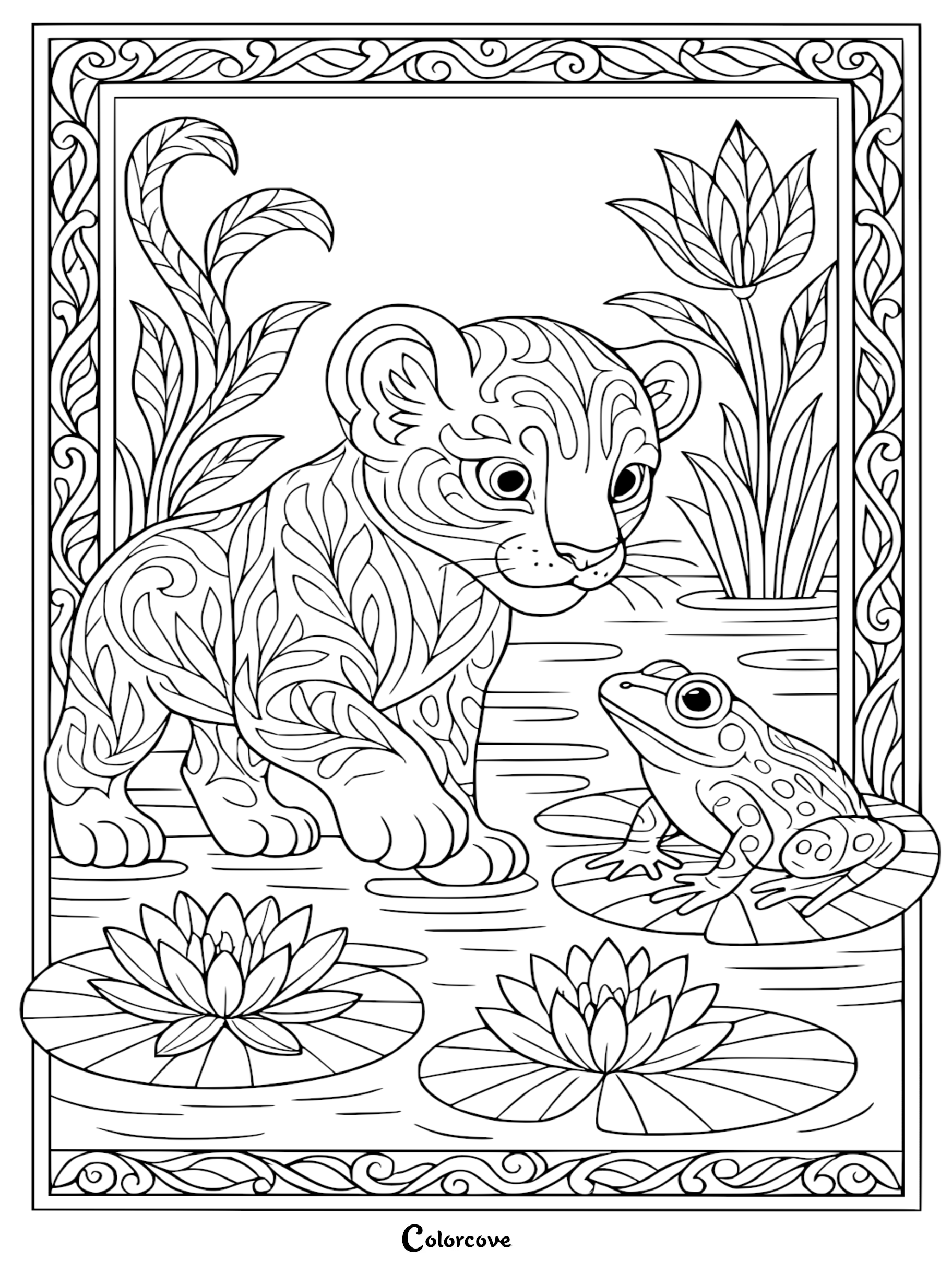 A patterned lion cub standing in a pond looking at a spotted frog on a lily pad, detailed line art coloring page.