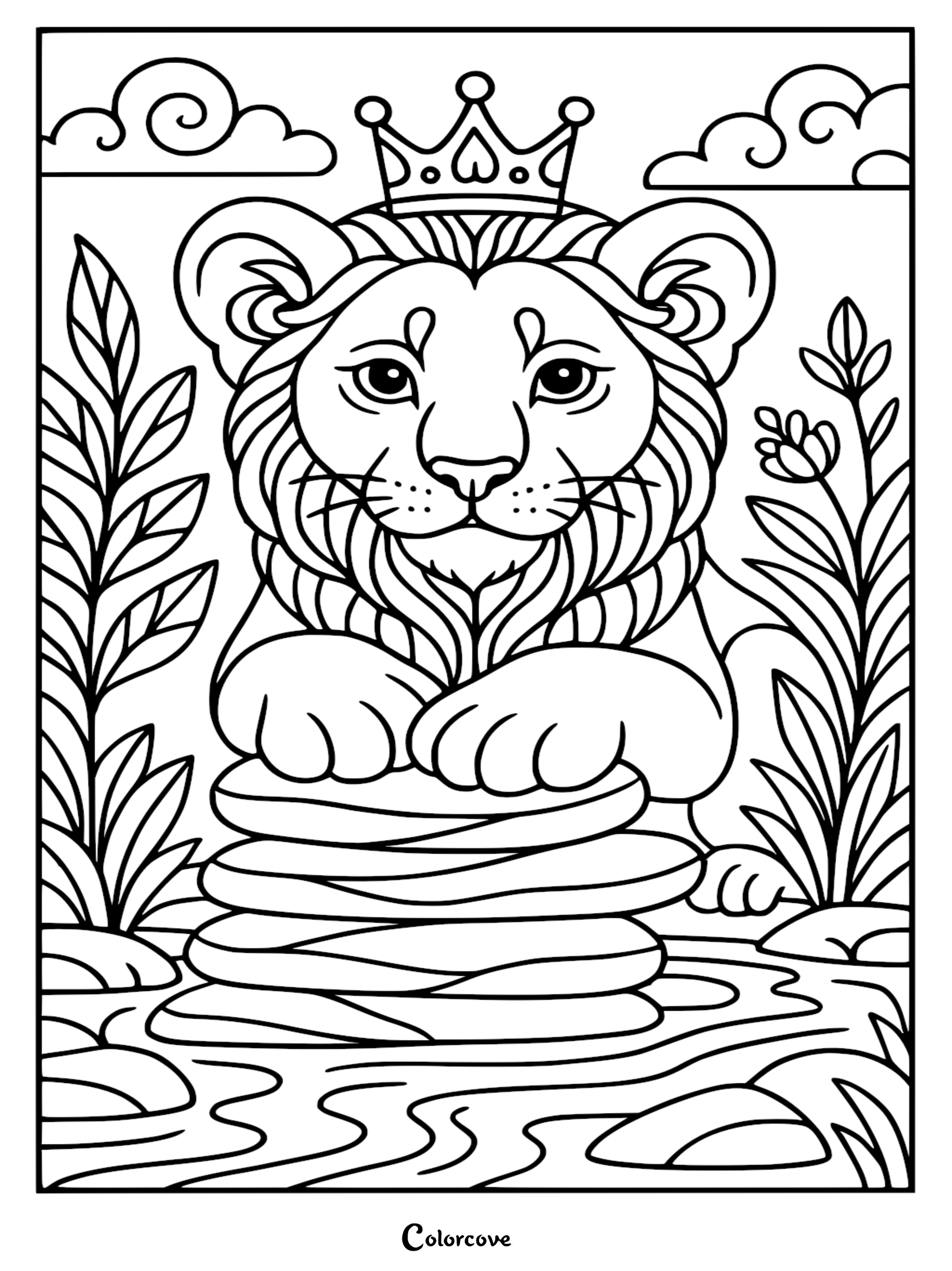 A cute lion wearing a crown sitting on a stack of flat stones in a river, coloring page style line art.