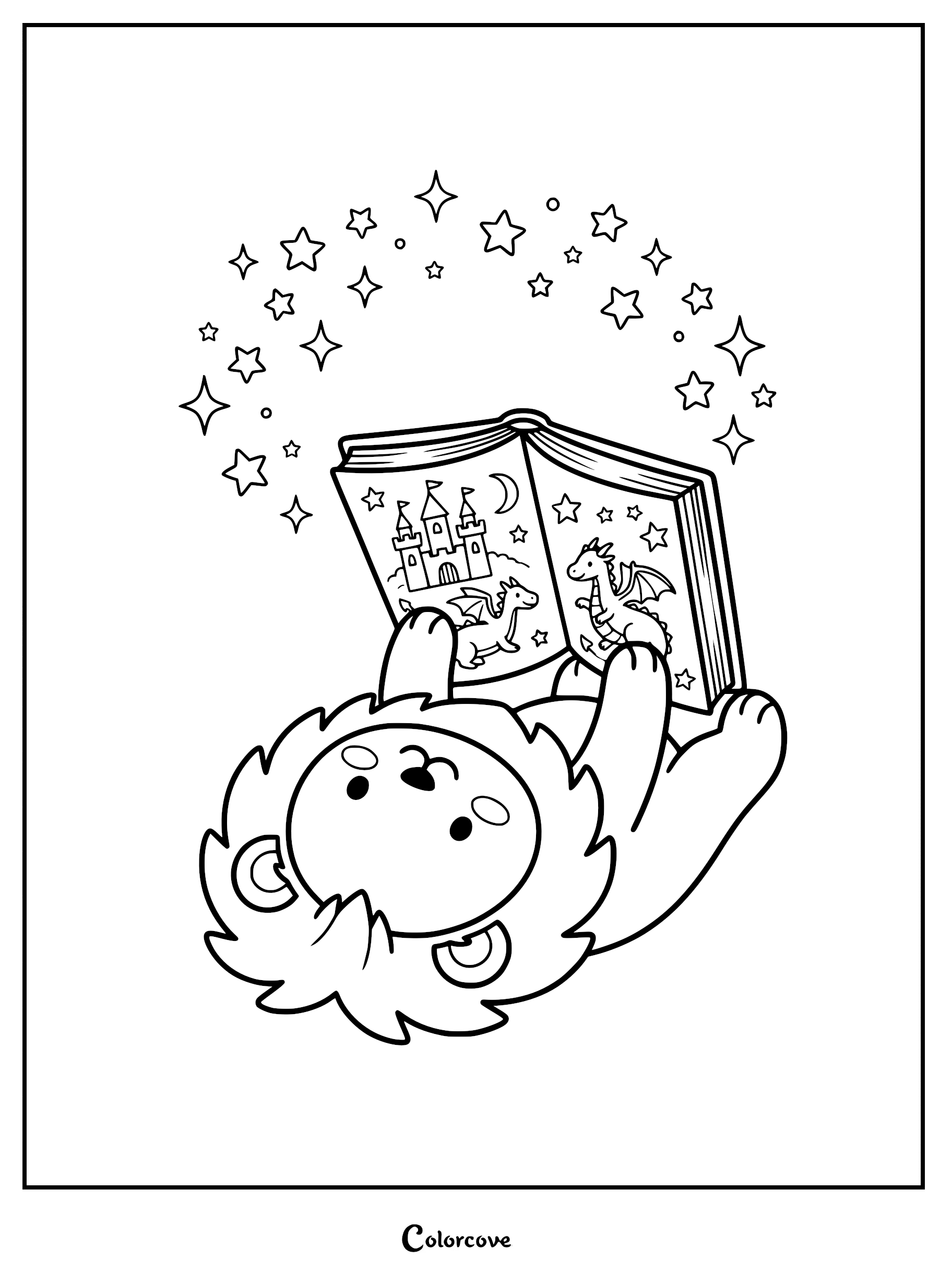 A cute lion lying on its back reading a magical storybook with dragons and a castle, surrounded by floating stars in this printable coloring page.