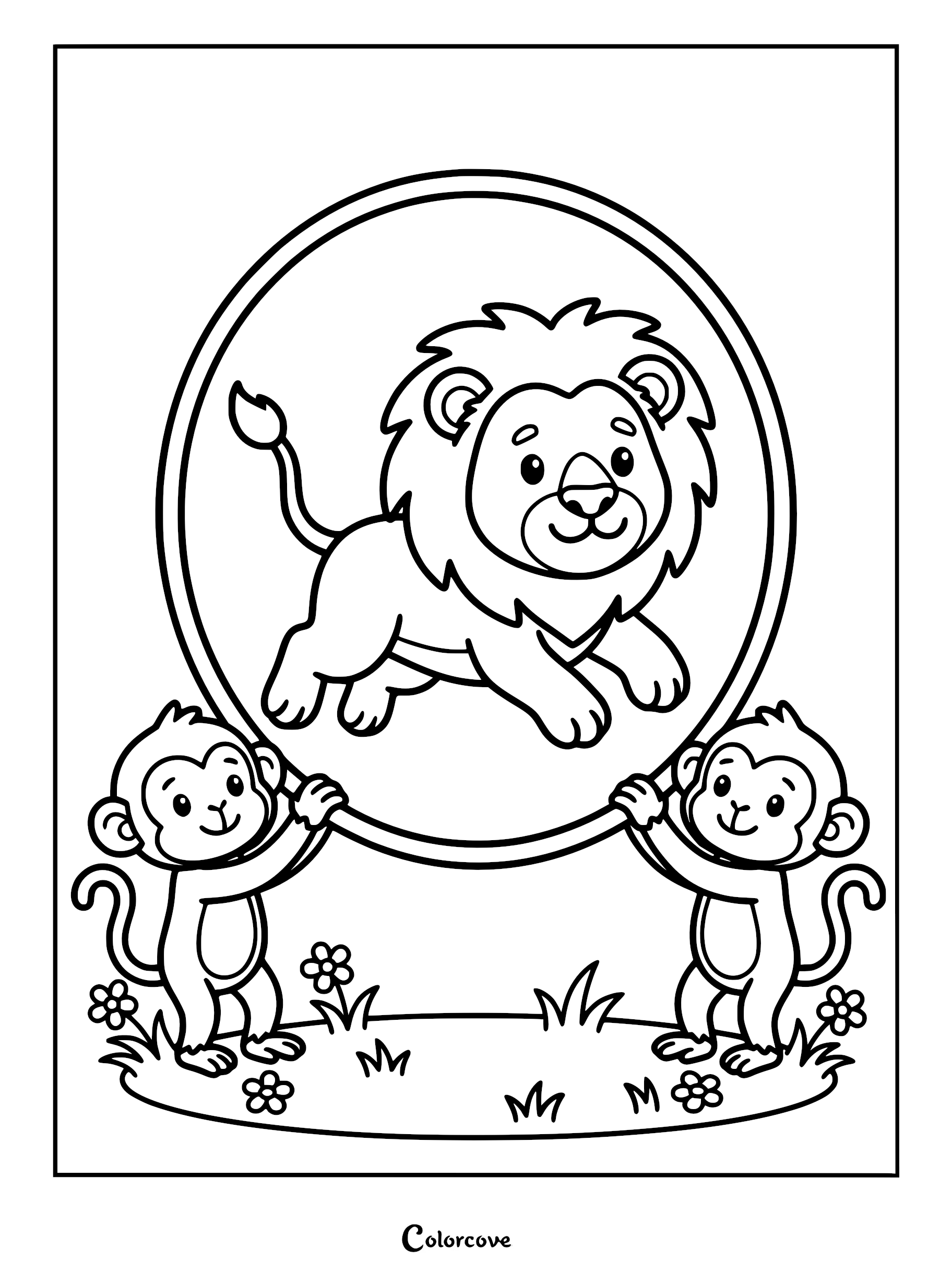 A cute lion jumping through a hoop held by two happy monkeys in a grassy field, printable coloring page.