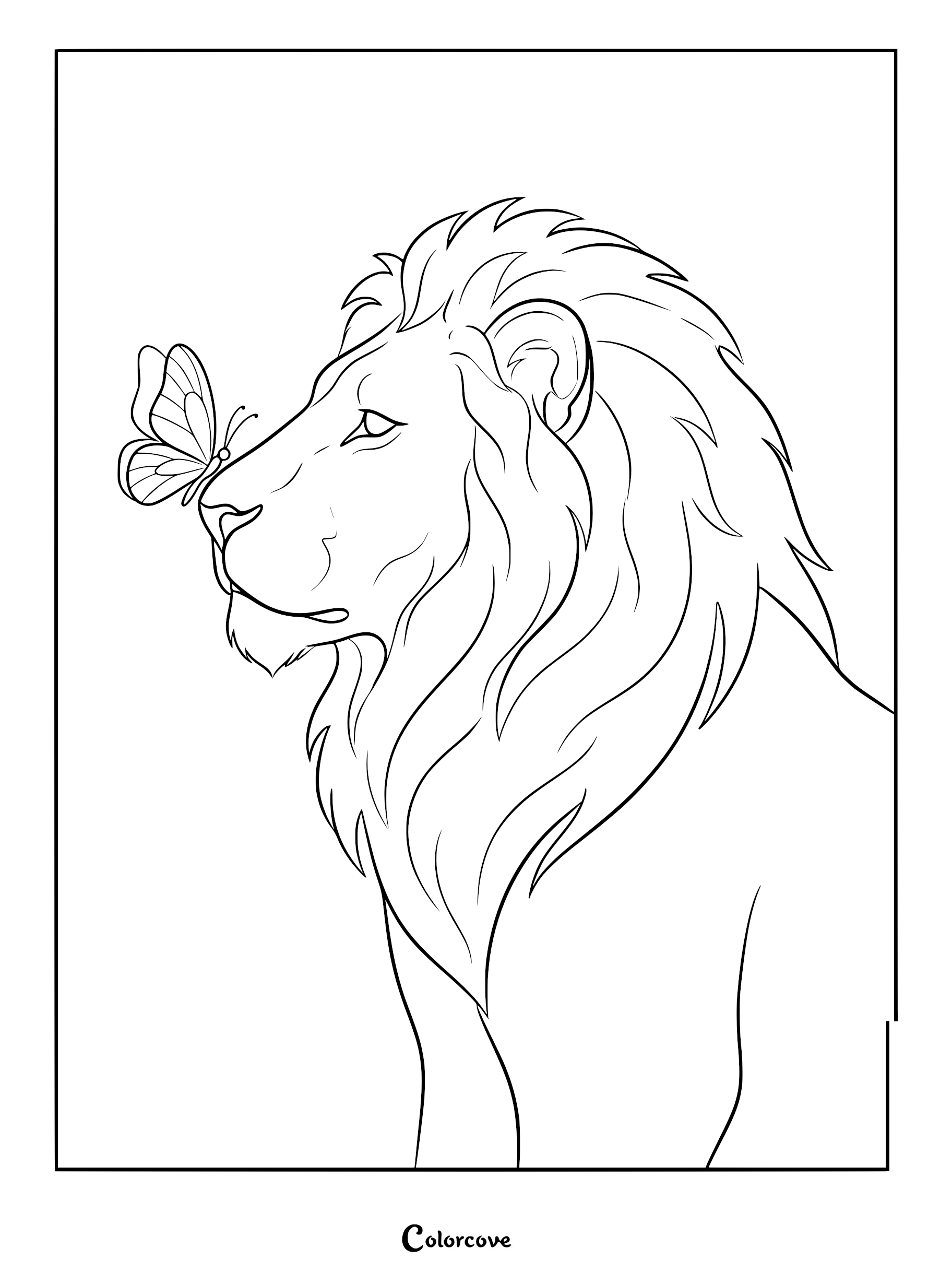 A majestic lion in profile view with a delicate butterfly resting on its nose in this printable coloring page.