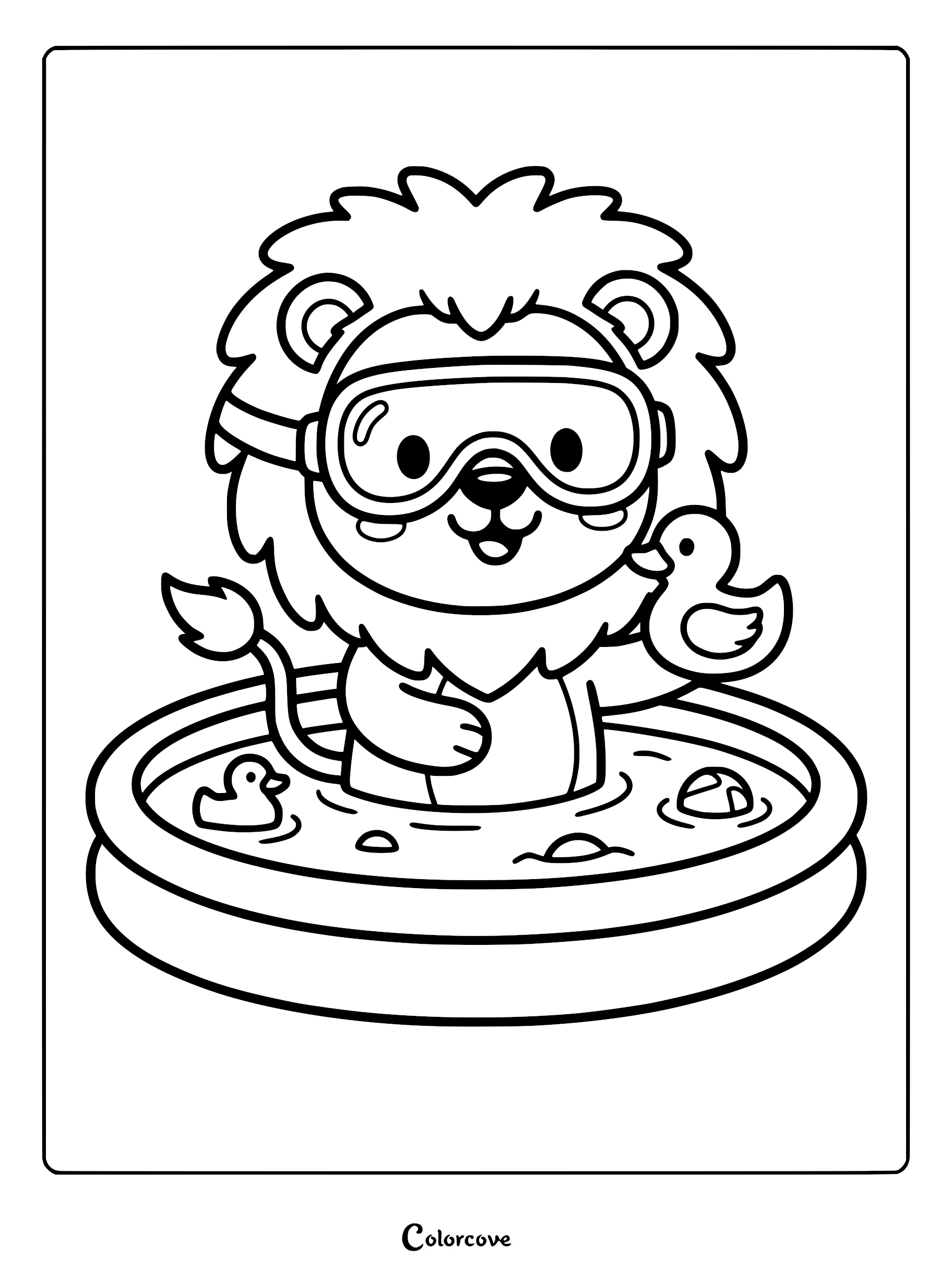 A cute lion wearing swimming goggles playing with a rubber duck in a small paddling pool coloring page.