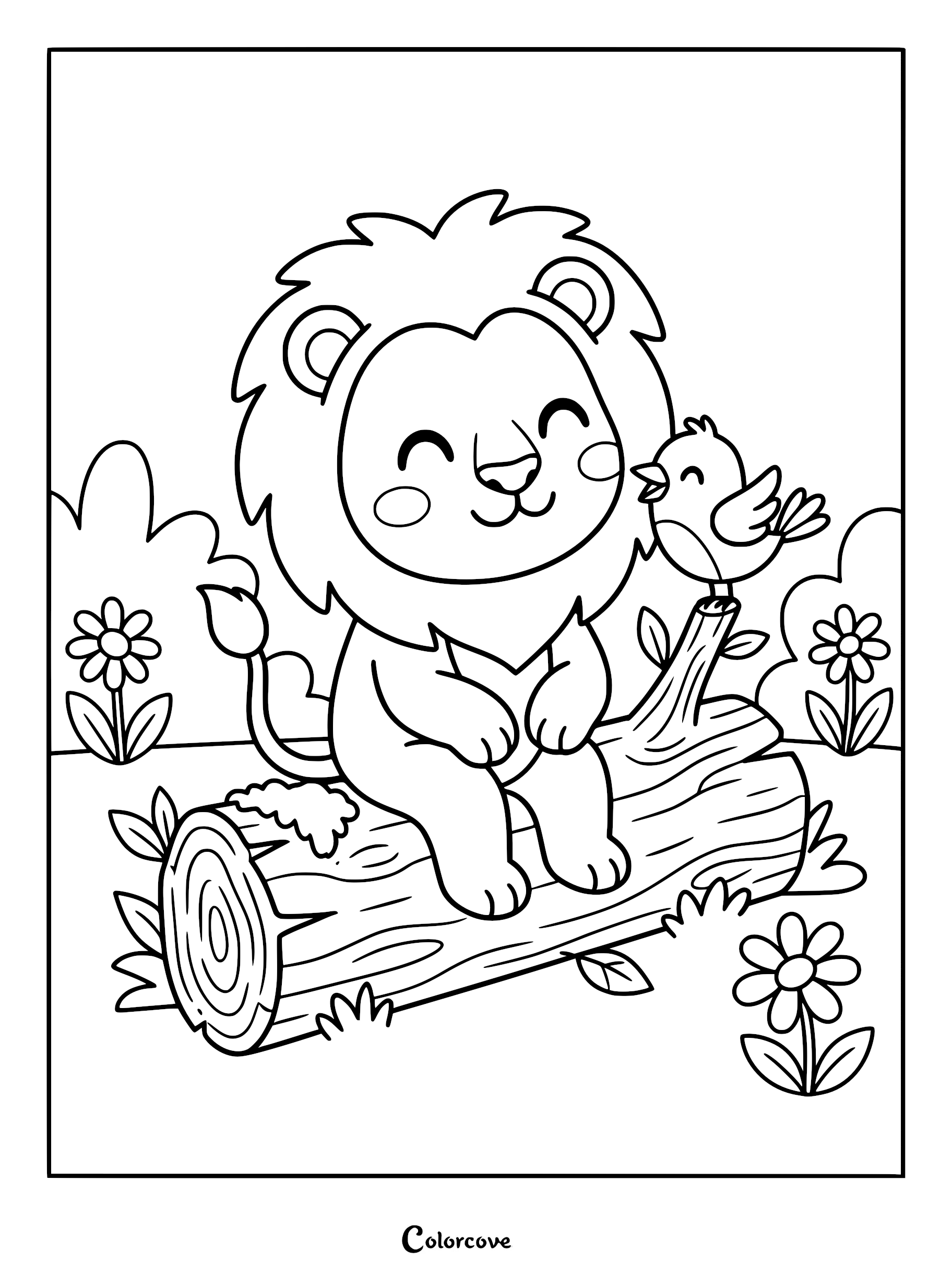 A cute lion sitting on a wooden log with a small bird, featuring flowers and bushes in this printable coloring page.