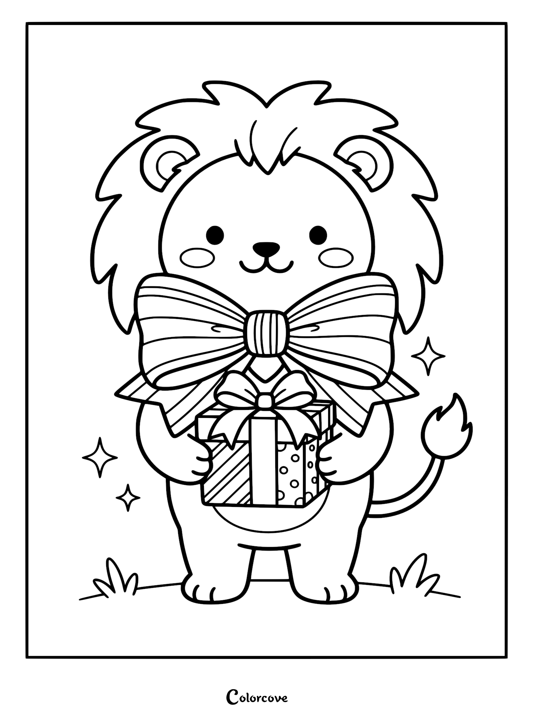 A cute lion wearing a large bow tie and holding a polka-dot gift box in this printable coloring page.