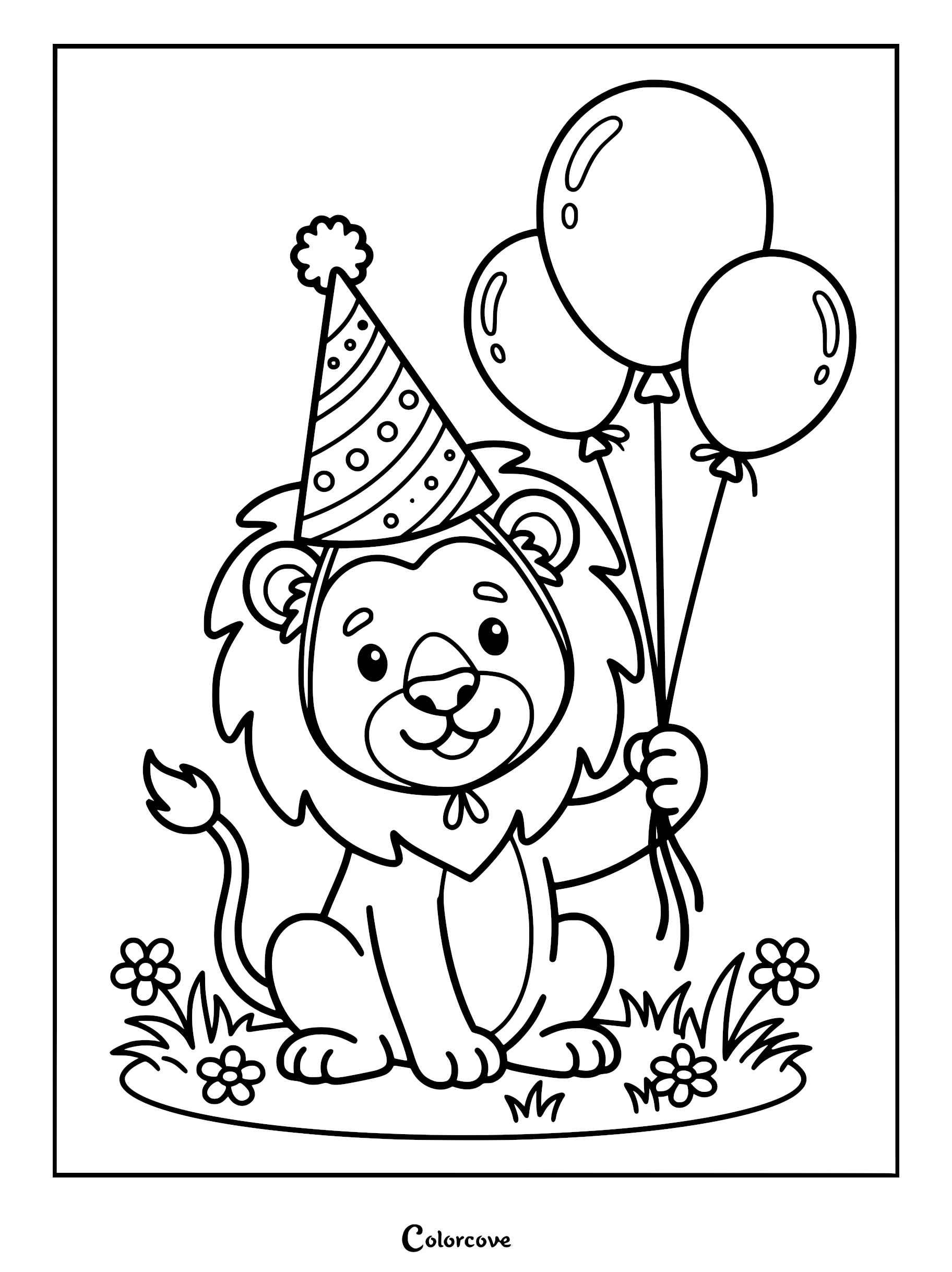 A cute lion wearing a polka-dot party hat and holding three balloons in a grassy field on a printable coloring page.