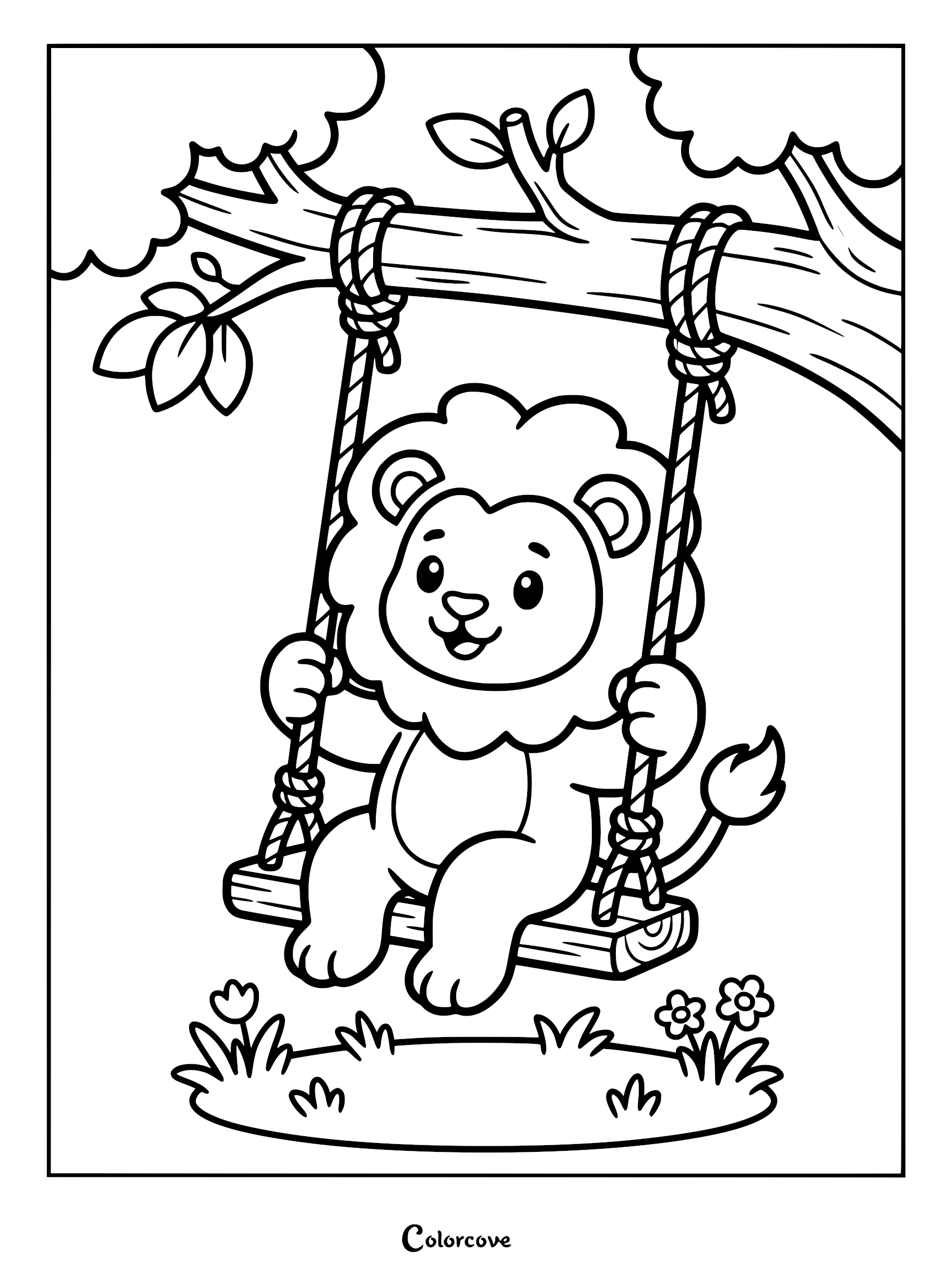 A cute lion sitting on a wooden rope swing hanging from a tree branch in this printable coloring page.