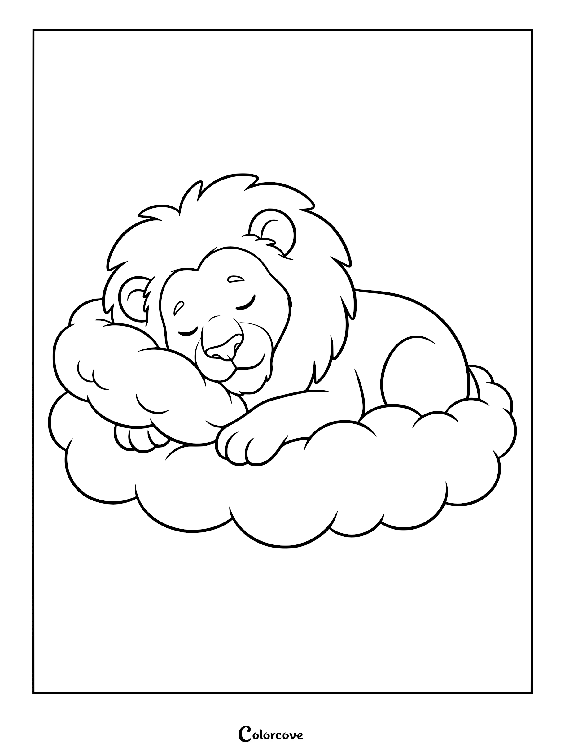 A cute lion with a fluffy mane sleeping peacefully on a soft cloud in this printable coloring page.
