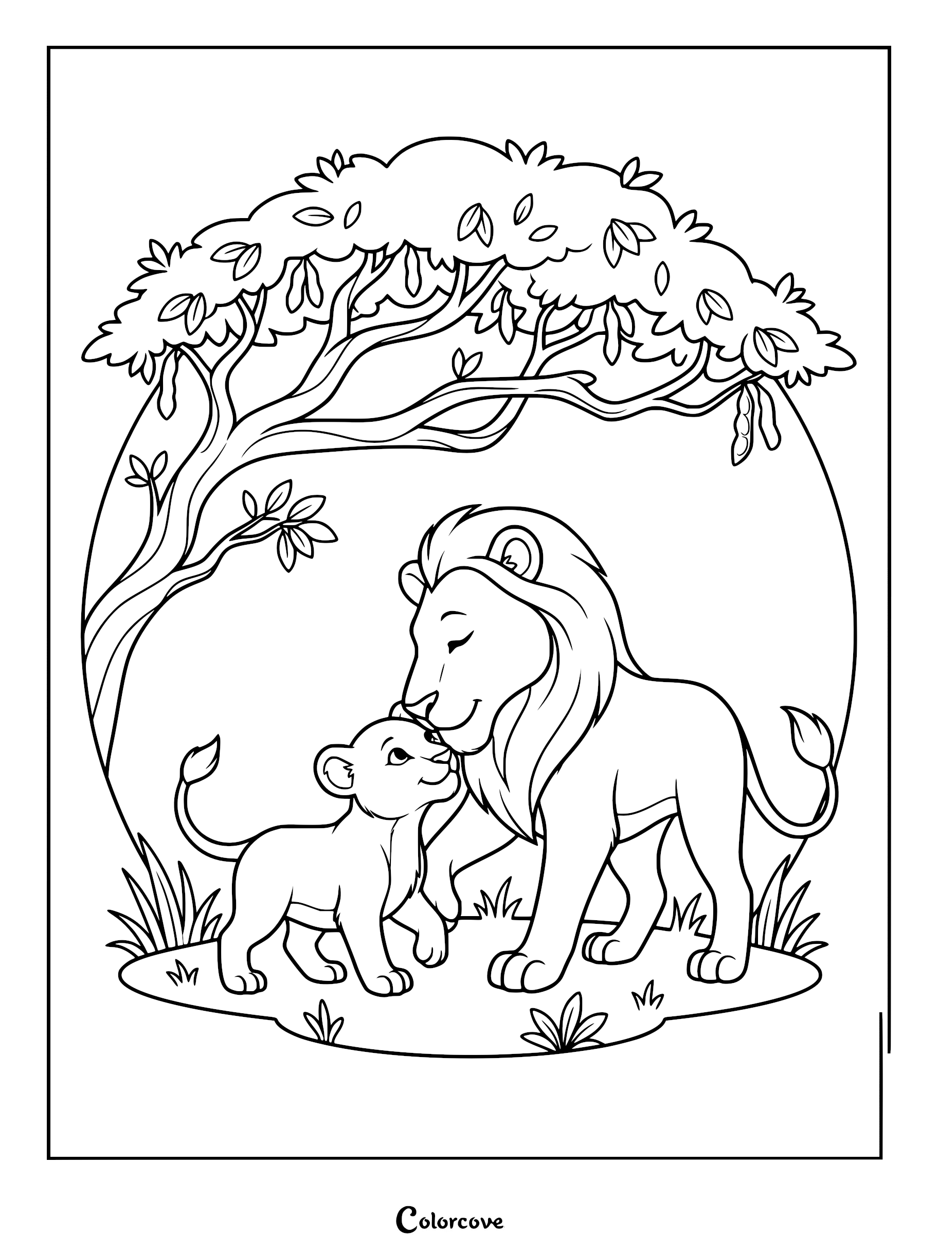 A cute lion cub Simba looking up at his father Mufasa under a large savanna tree in this printable coloring page.