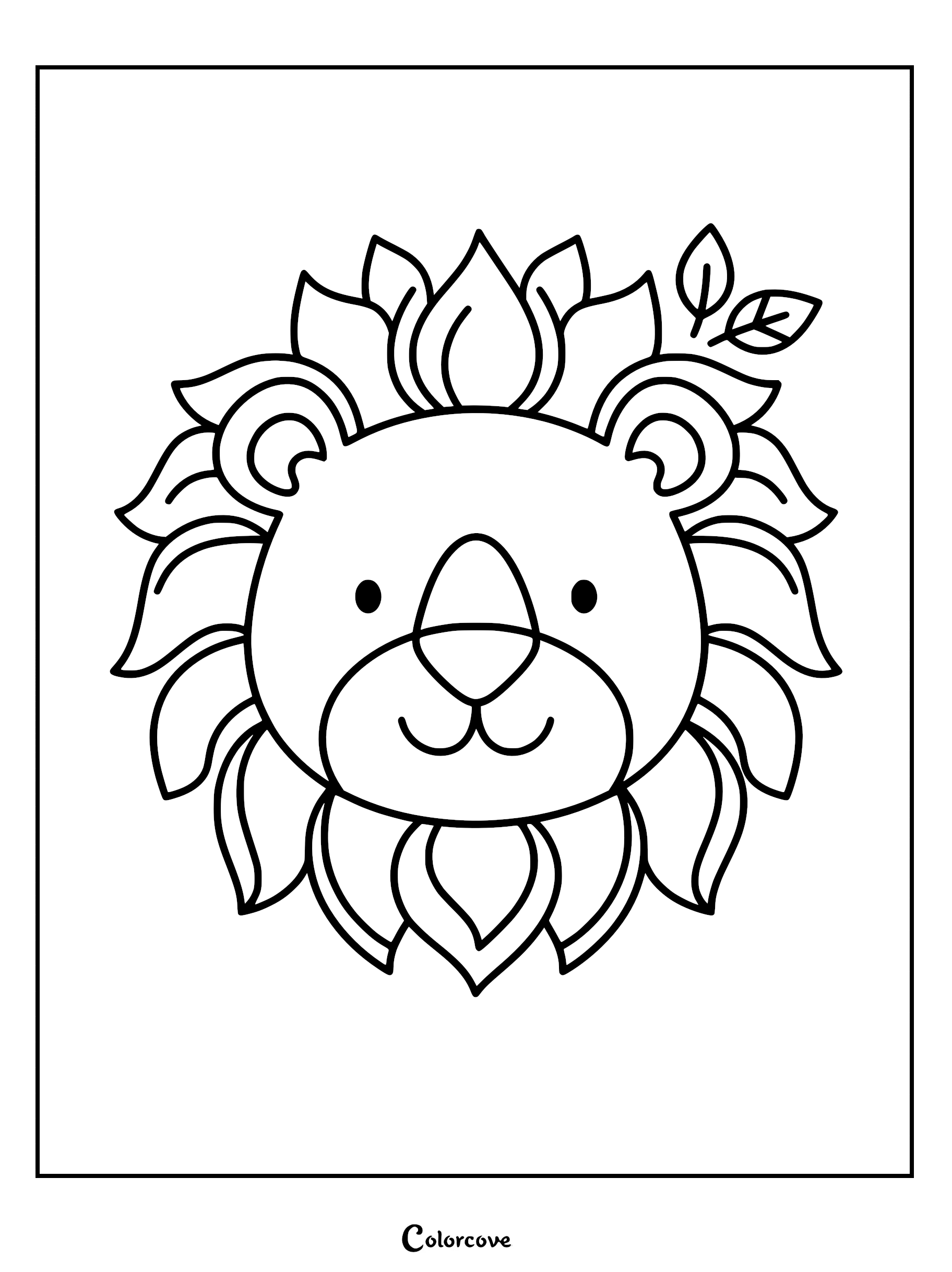 A simple line art coloring page featuring a cute lion head with a leaf-shaped mane and two small leaves above its ear.