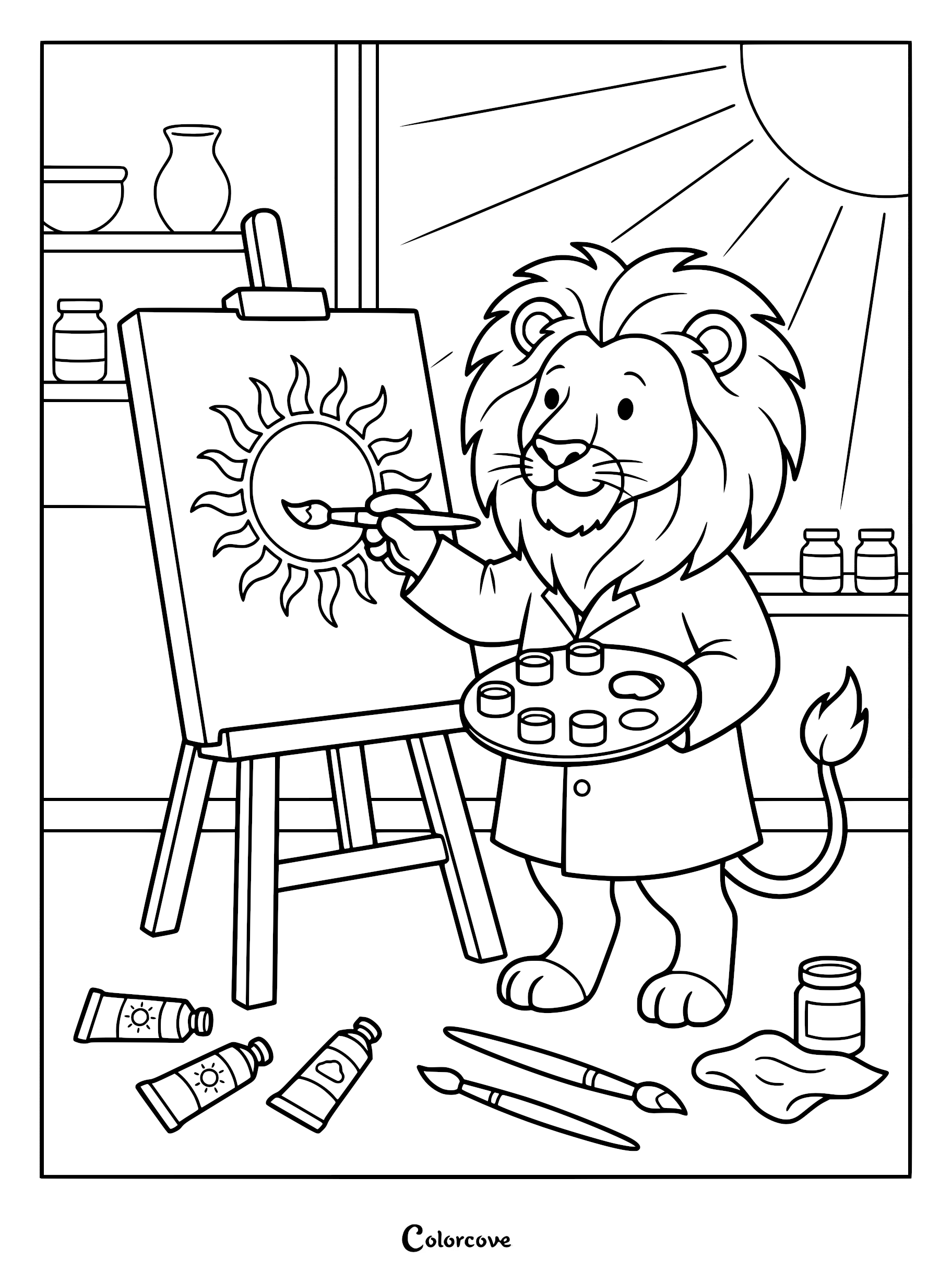 A cute lion wearing an artist smock painting a sun on a canvas with a palette in hand, coloring page style line art.