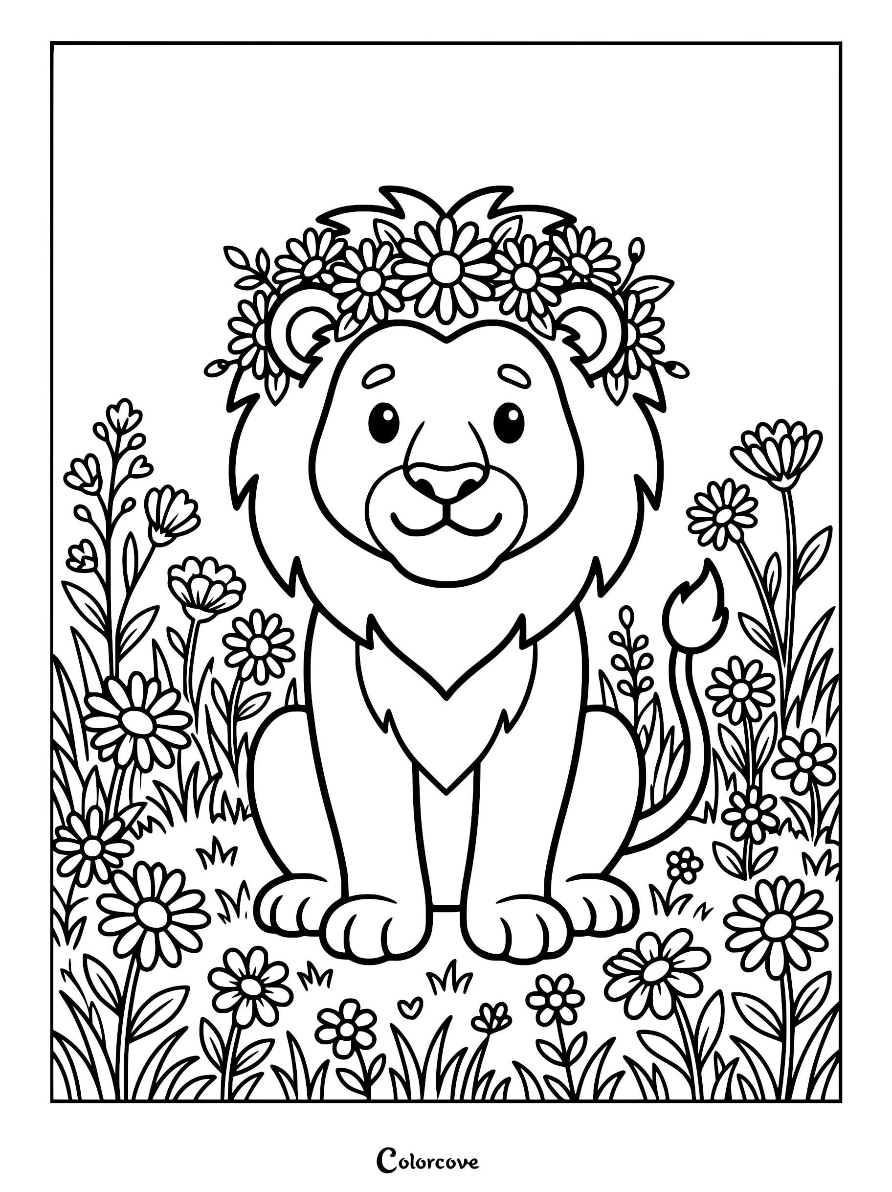 A cute lion wearing a daisy flower crown sitting in a field of wildflowers, black and white coloring page.