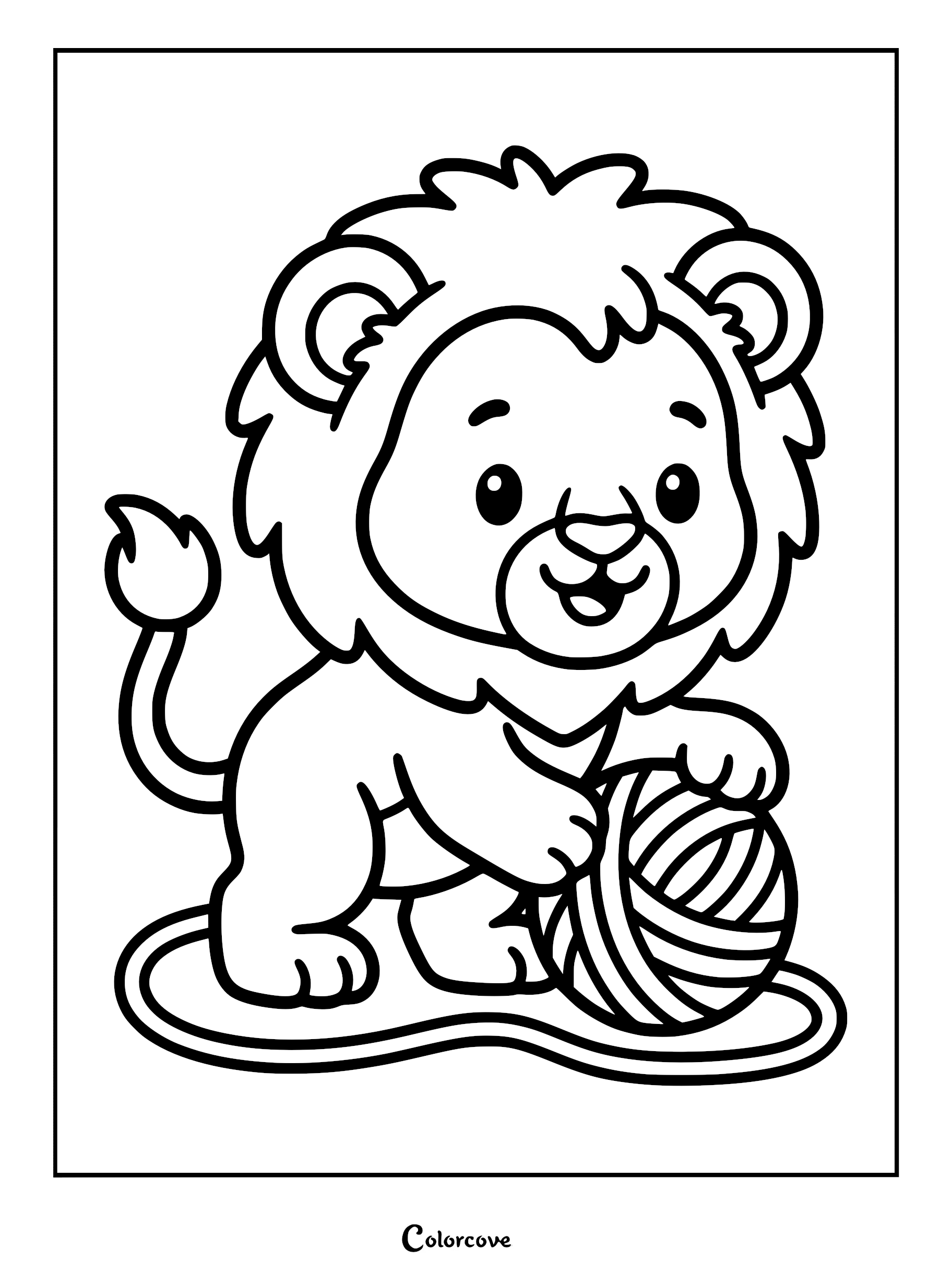 A cute lion cub with a fluffy mane playing with a ball of yarn in this printable coloring page.