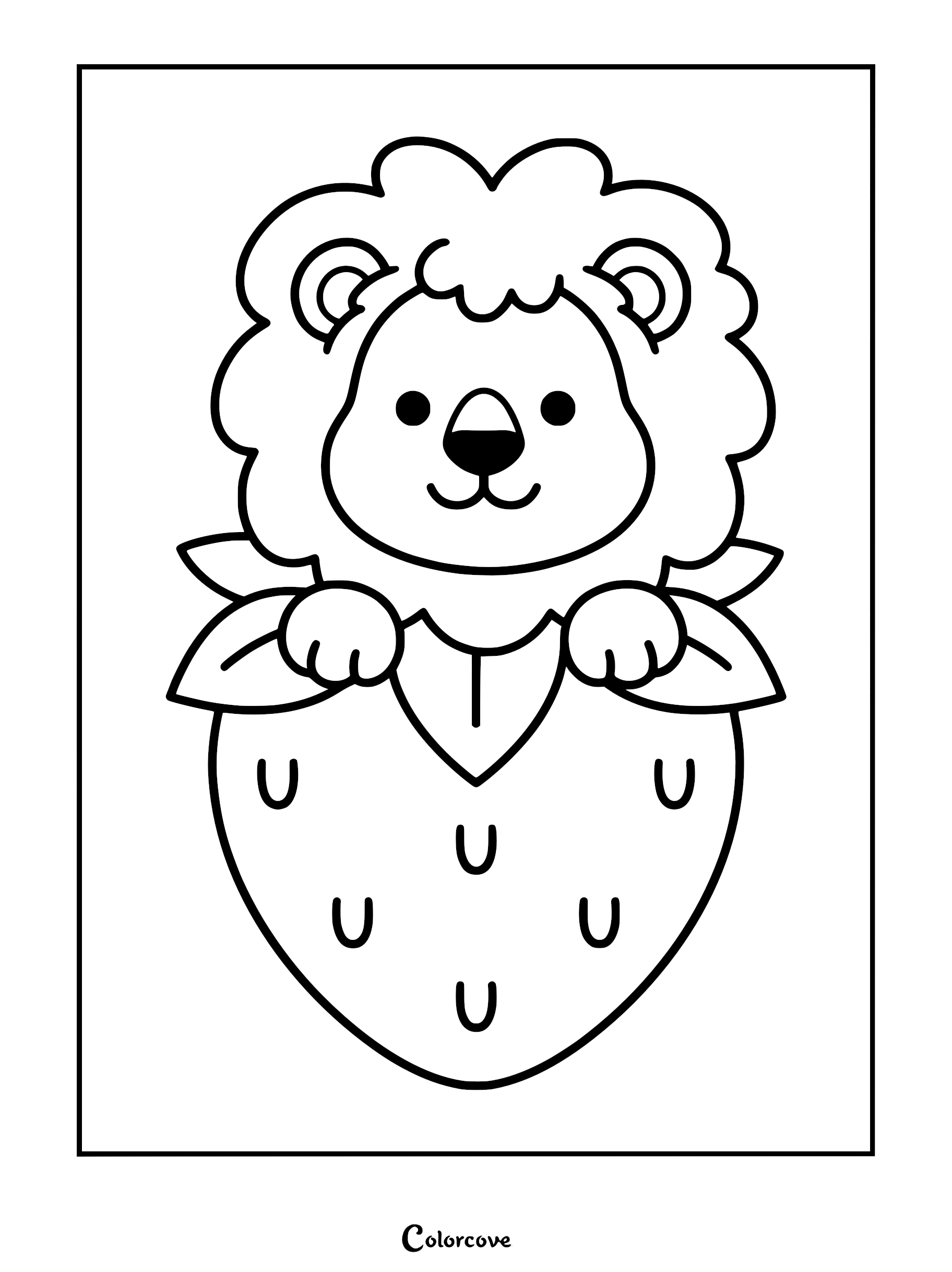A cute lion with a fluffy mane peeking out from inside a large strawberry in this printable coloring page.