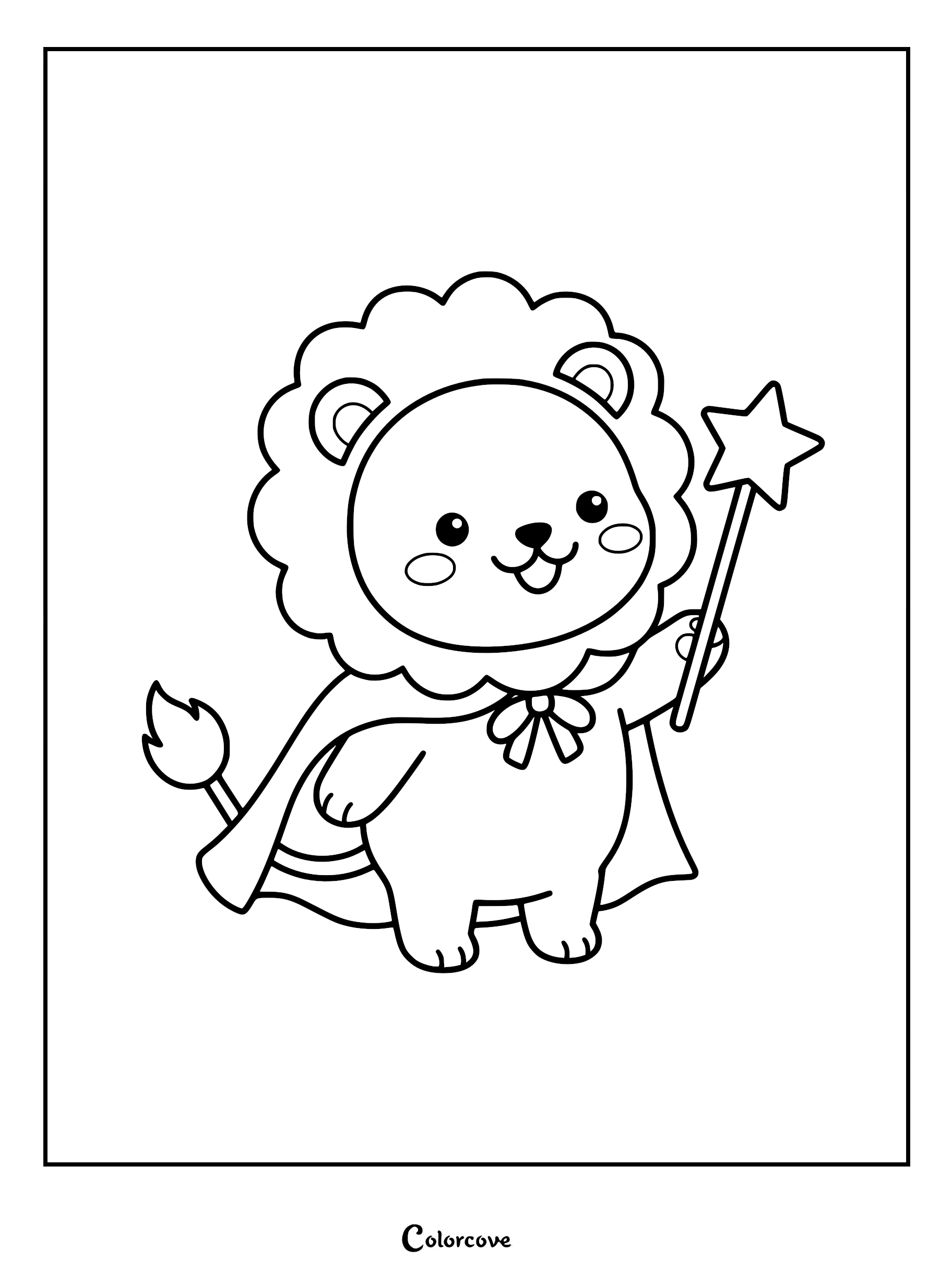 A cute lion wearing a cape and holding a star-tipped magic wand in this printable coloring page.