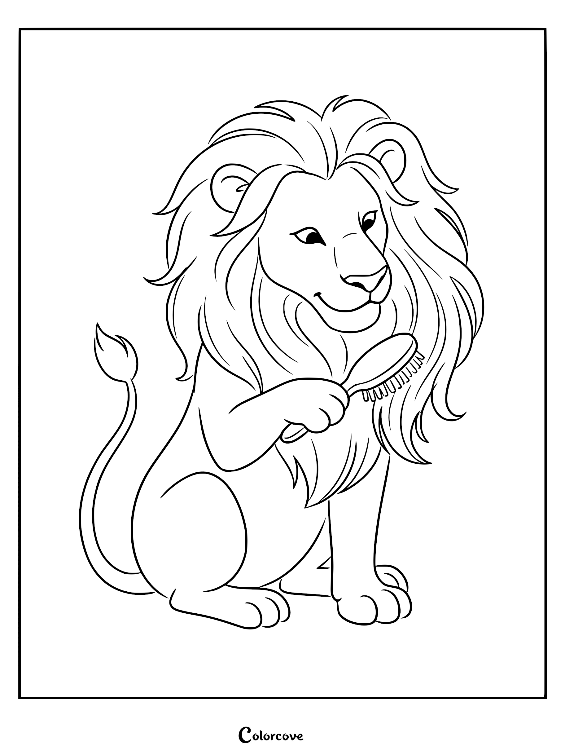 A cute lion holding a hairbrush to groom its thick, flowing mane in this printable coloring page.