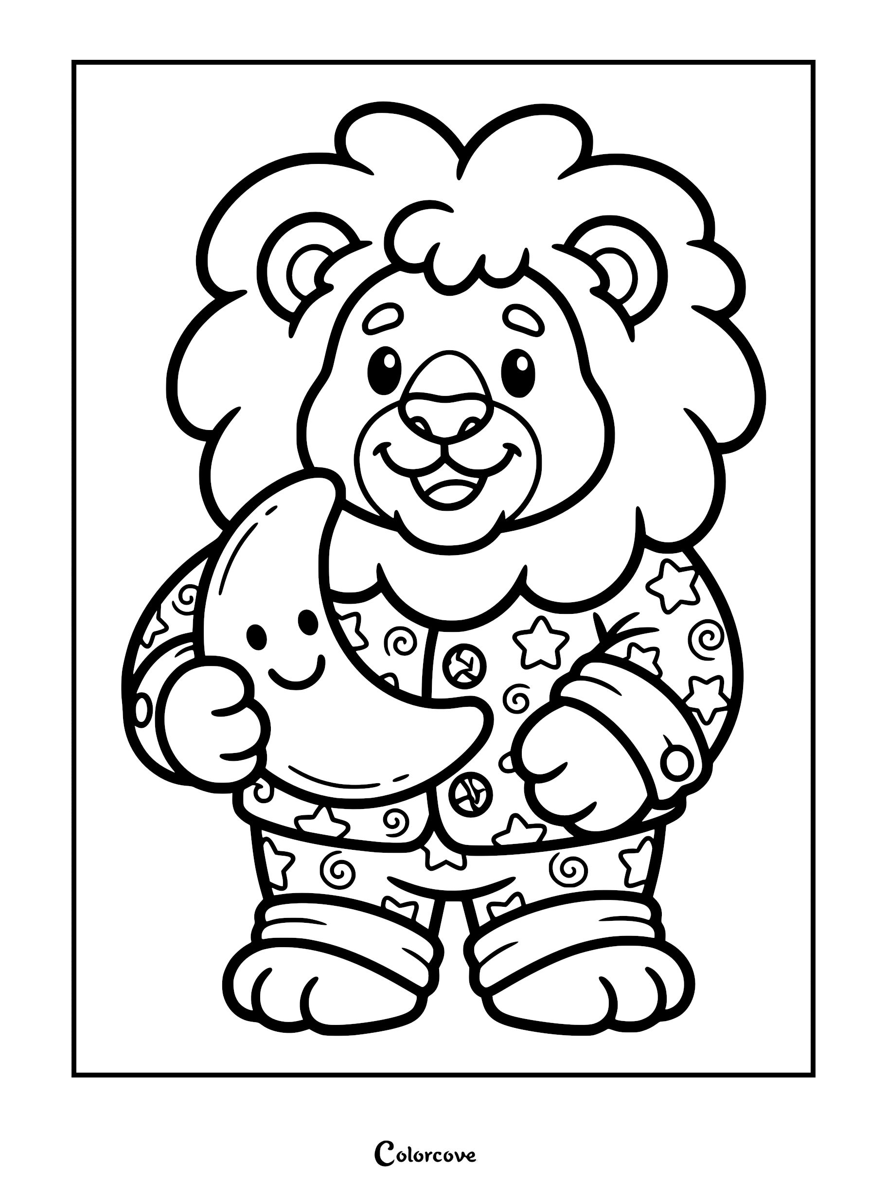 A cute lion wearing star-patterned pajamas holding a smiling crescent moon in this printable coloring page.