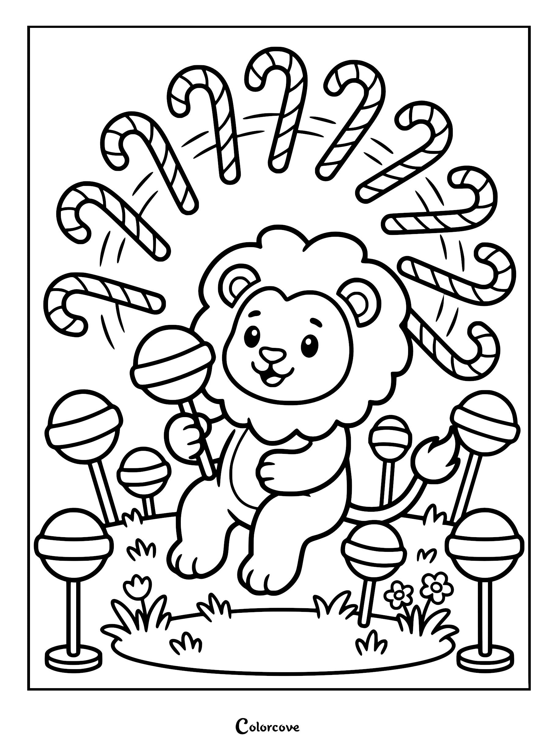 A cute lion holding a lollipop in a candy forest with floating candy canes, coloring page style line art.