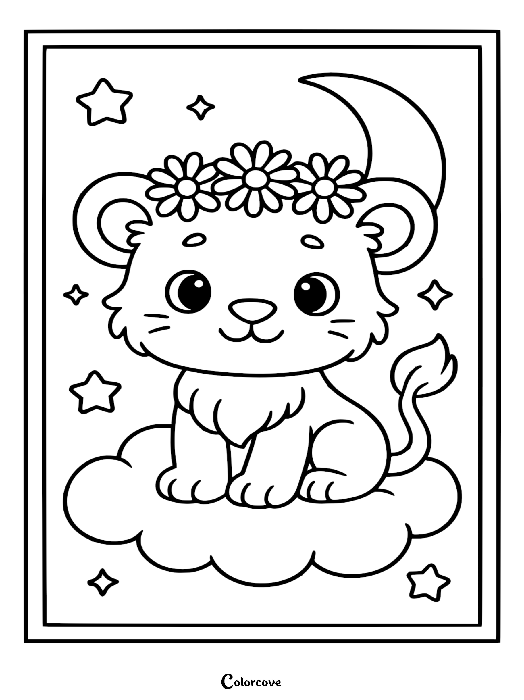 A cute lion wearing a daisy flower crown sitting on a fluffy cloud under a crescent moon and stars, line art coloring page.