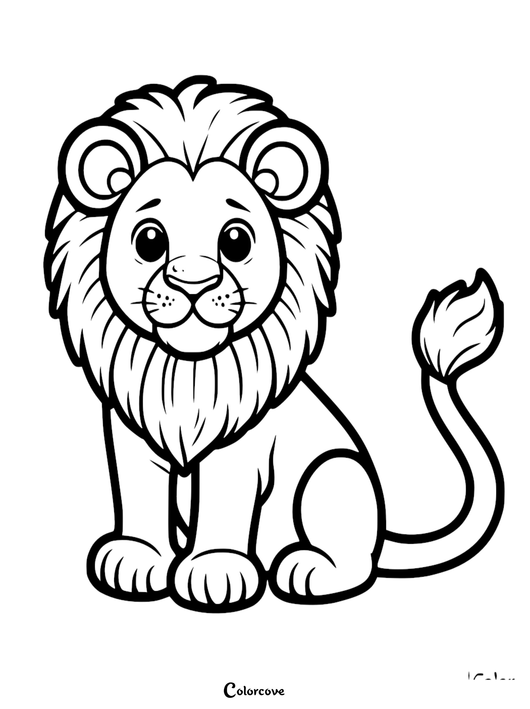 A cute lion with a fluffy mane sitting down in this printable coloring page for kids.