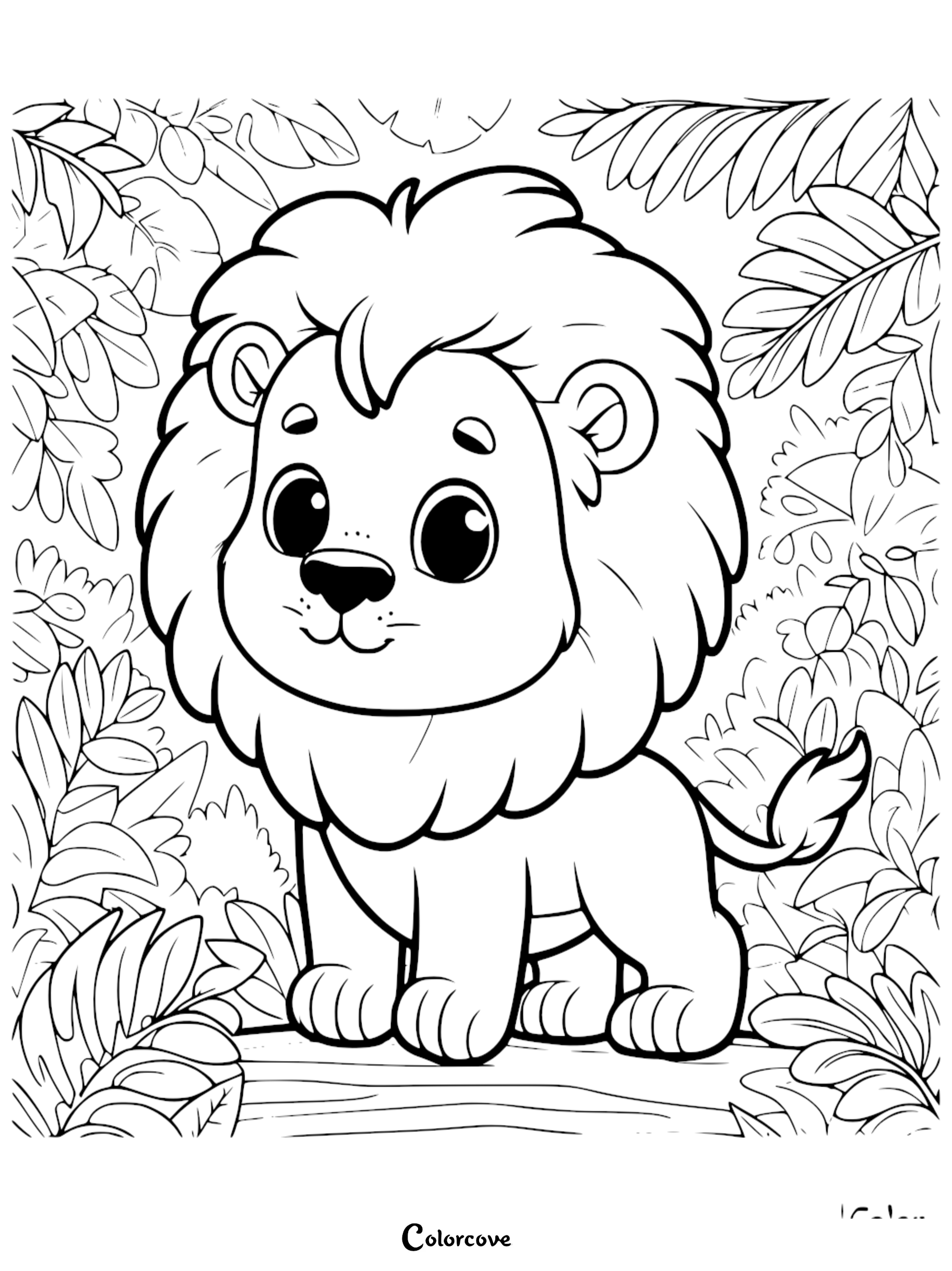 A cute lion with a fluffy mane standing in a lush jungle, coloring page with thick outlines.