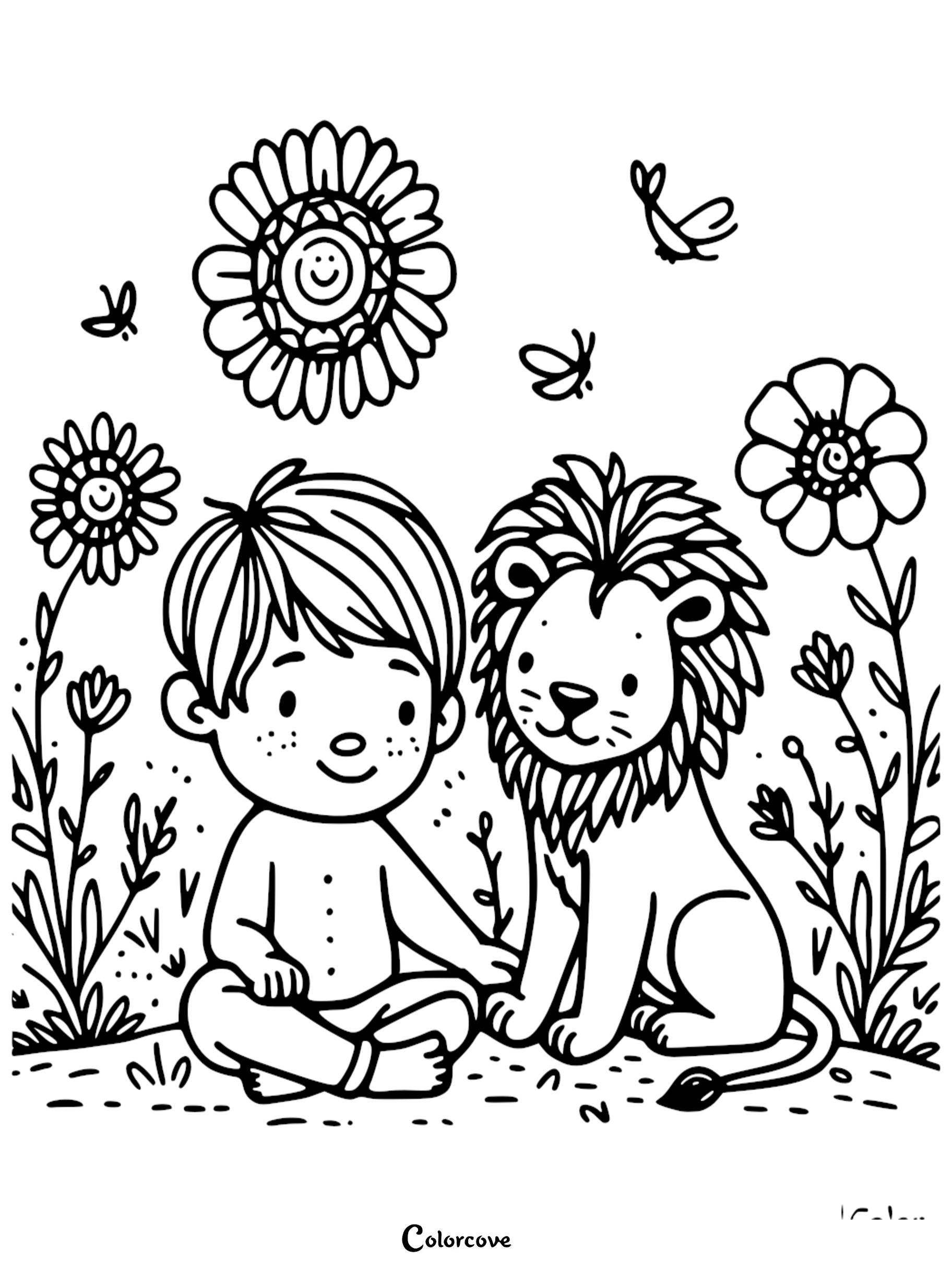 A cute lion sitting next to a young boy with freckles in a garden of flowers, line art coloring page.