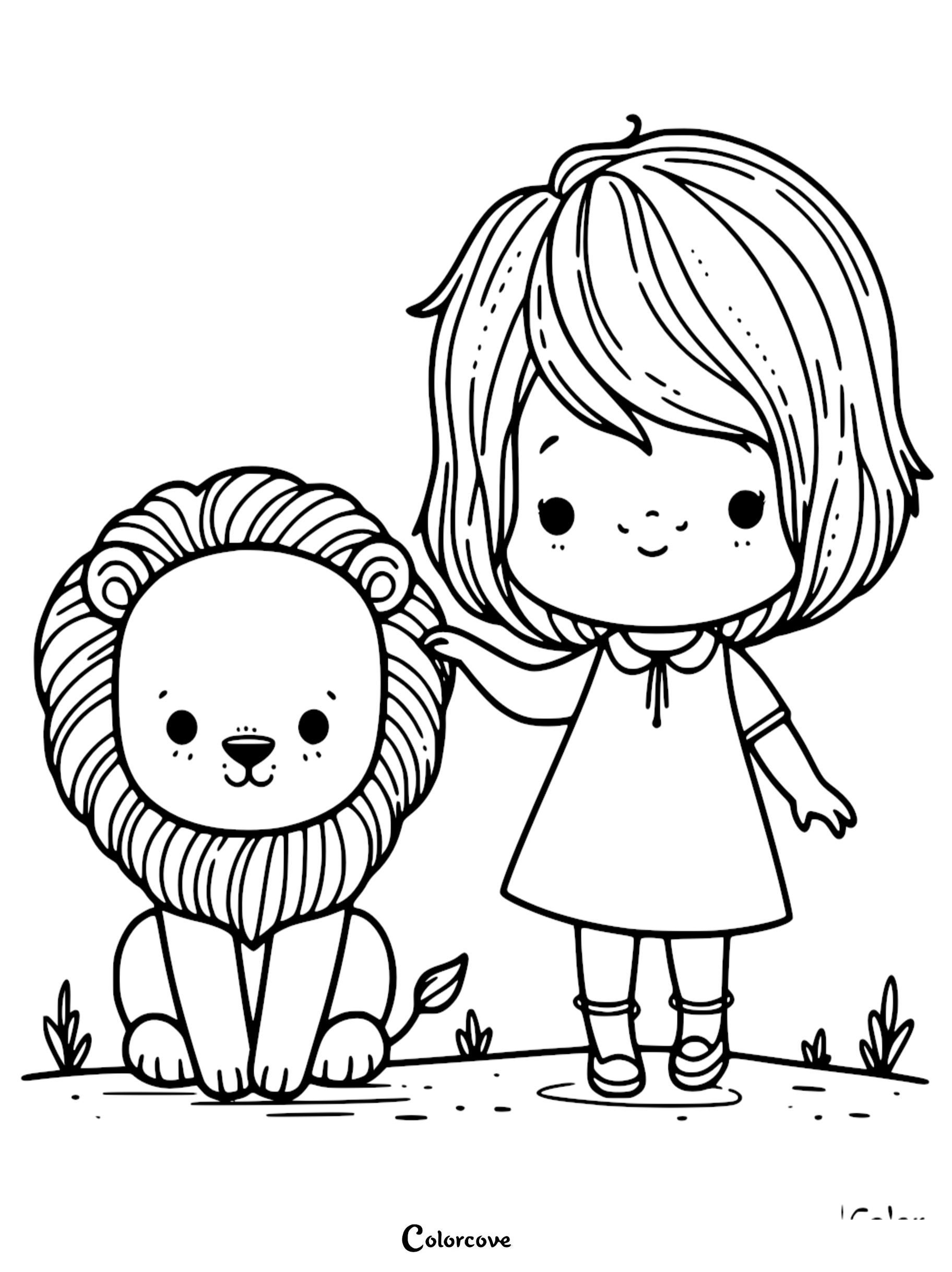 A cute girl with bobbed hair petting a small, friendly lion on this printable coloring page.