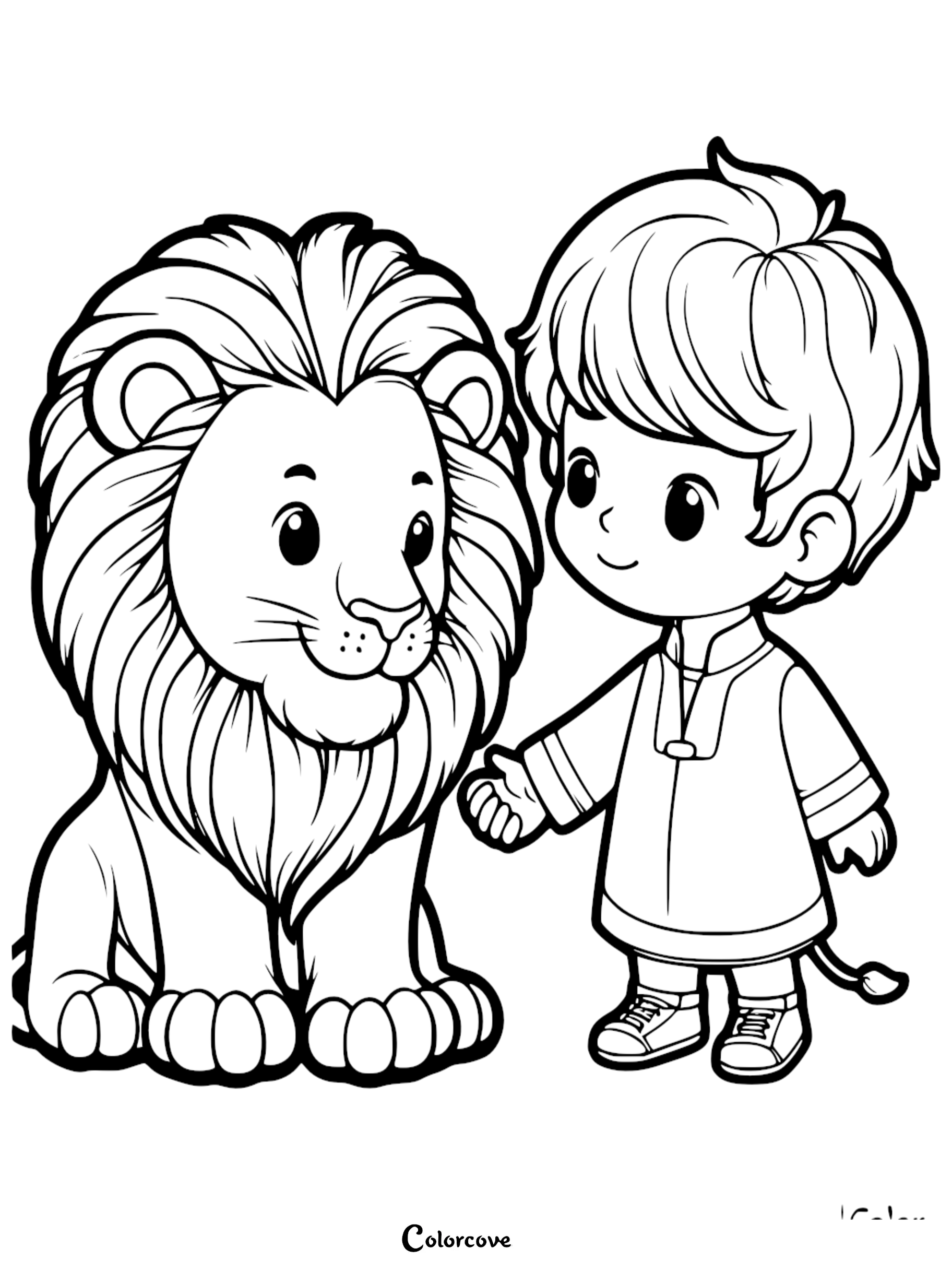 A cute lion sitting next to a young boy in a tunic on a printable coloring page.