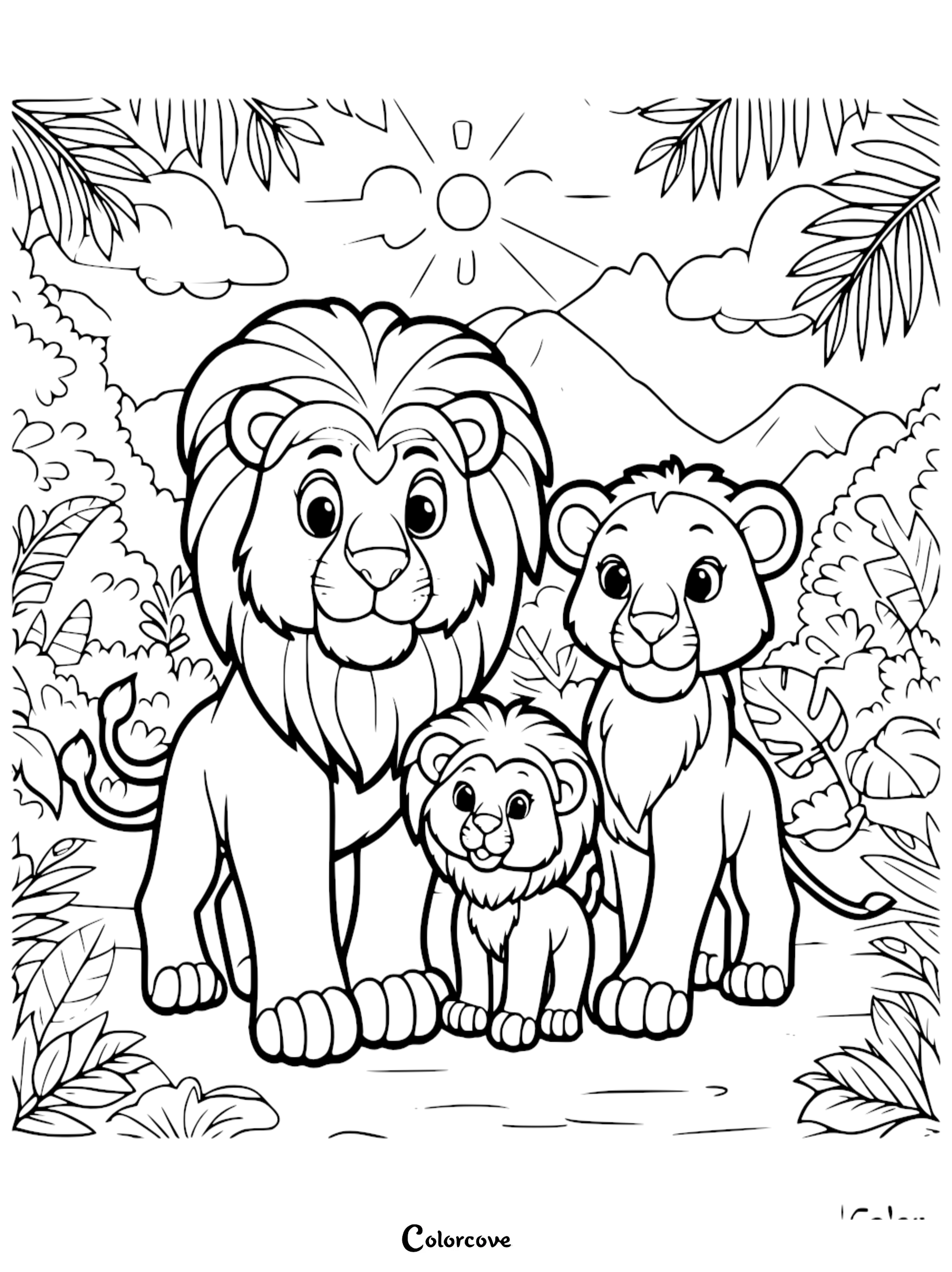 A cute lion family consisting of a father lion, mother lioness, and a small cub standing together in a lush jungle setting, printable coloring page.