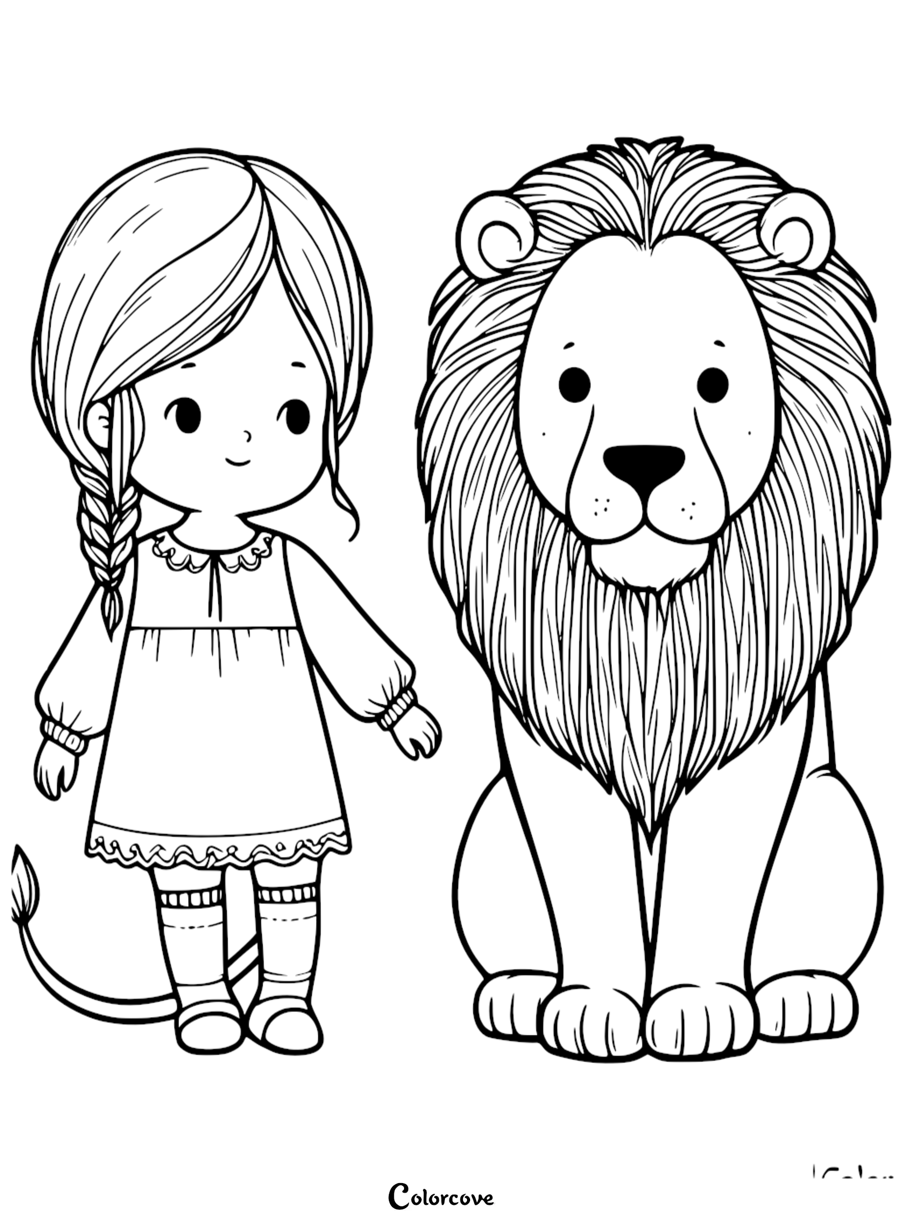 A cute coloring page featuring a young girl with a side braid standing next to a friendly, sitting lion with a thick mane.